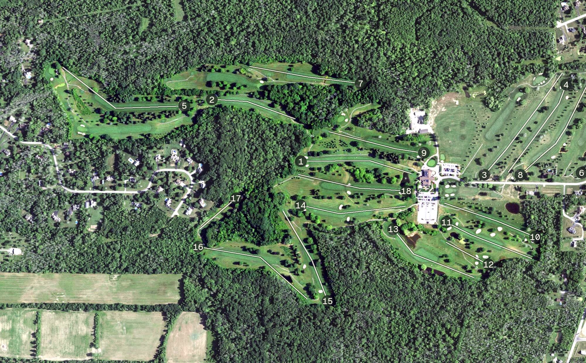 Aerial view of Deerfield Country Club, NY, with its hole routing marked