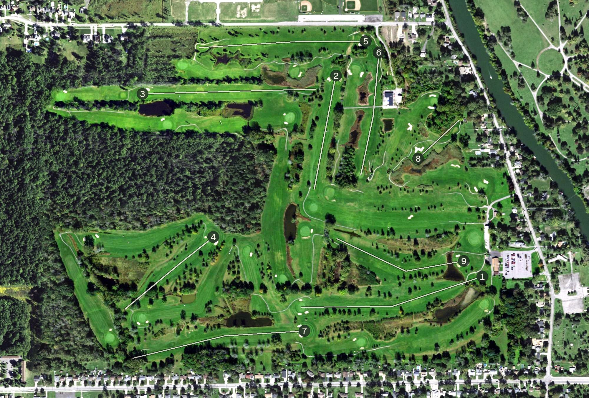 Aerial view of Deerwood Golf Course, NY, with its hole routing marked