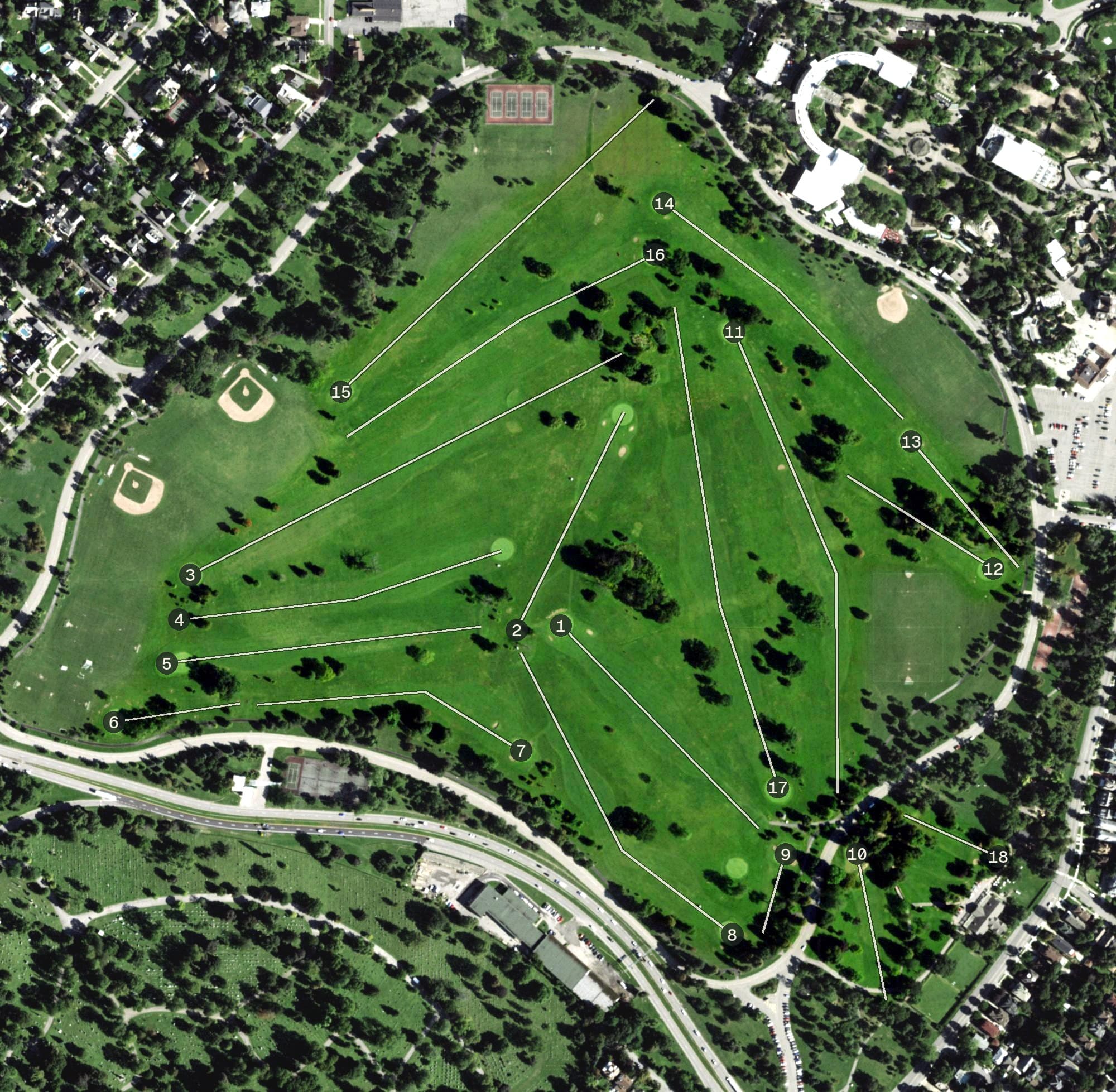 Aerial view of Delaware Park Public Golf Course, NY, with its hole routing marked