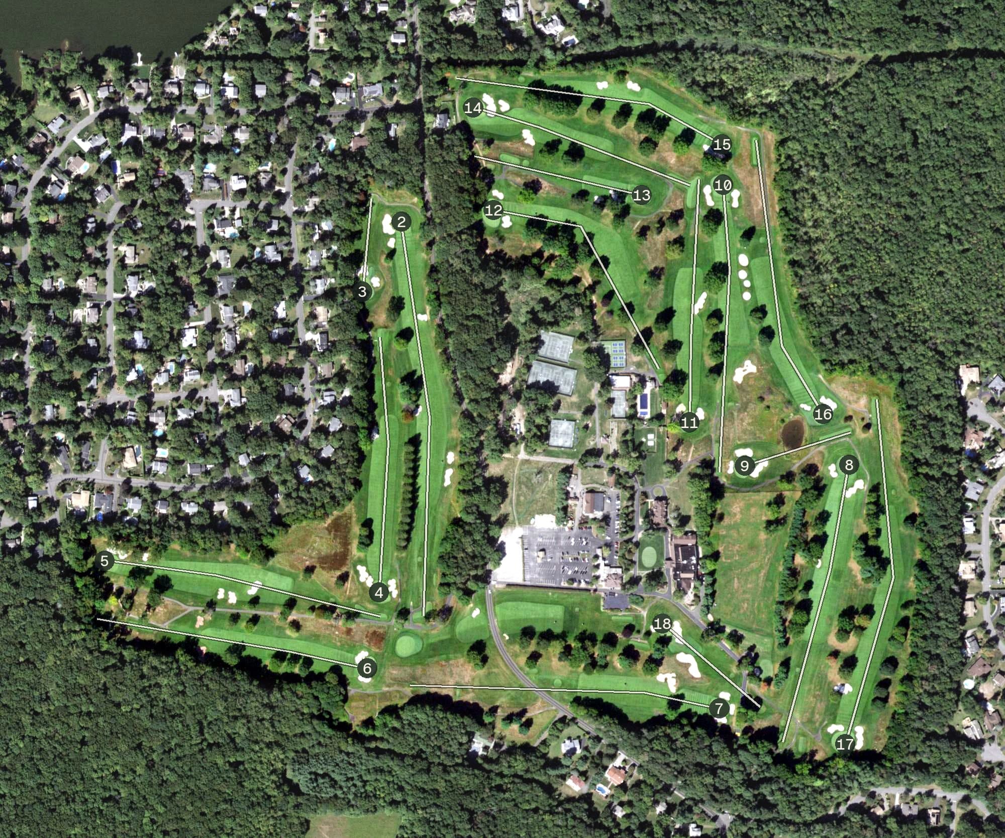 Aerial view of Dellwood Country Club, NY, with its hole routing marked