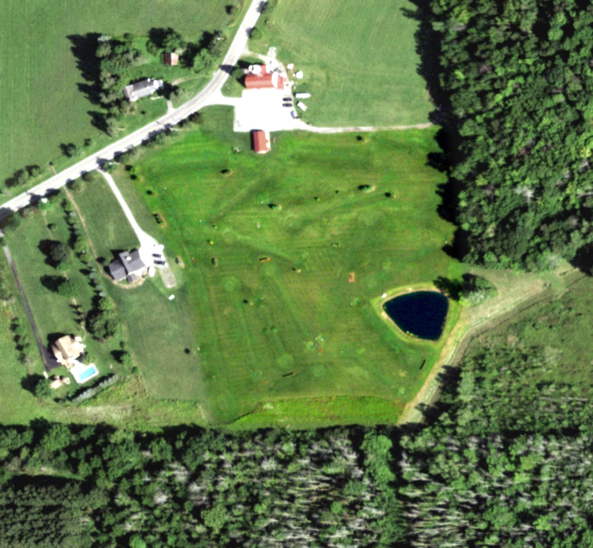 Aerial view of Destroyer Park Golf, NY, with its hole routing marked
