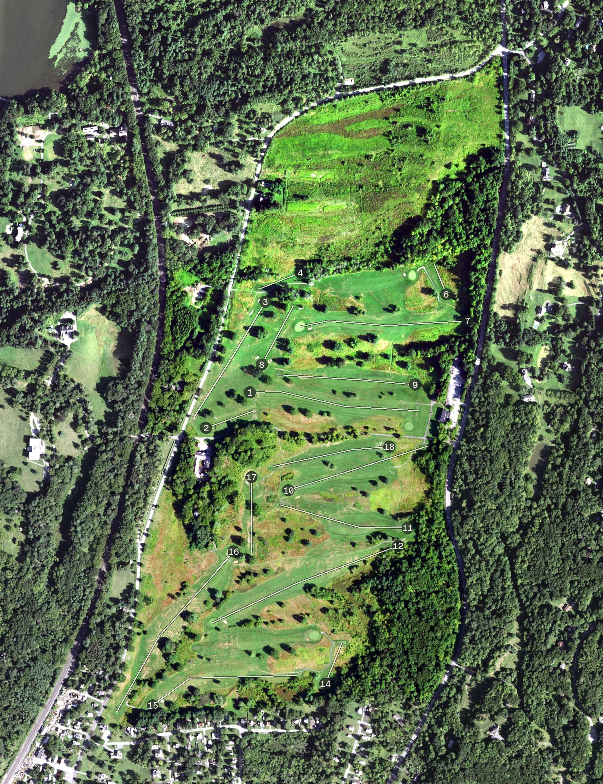 Aerial view of Dinsmore Golf Course, NY, with its hole routing marked