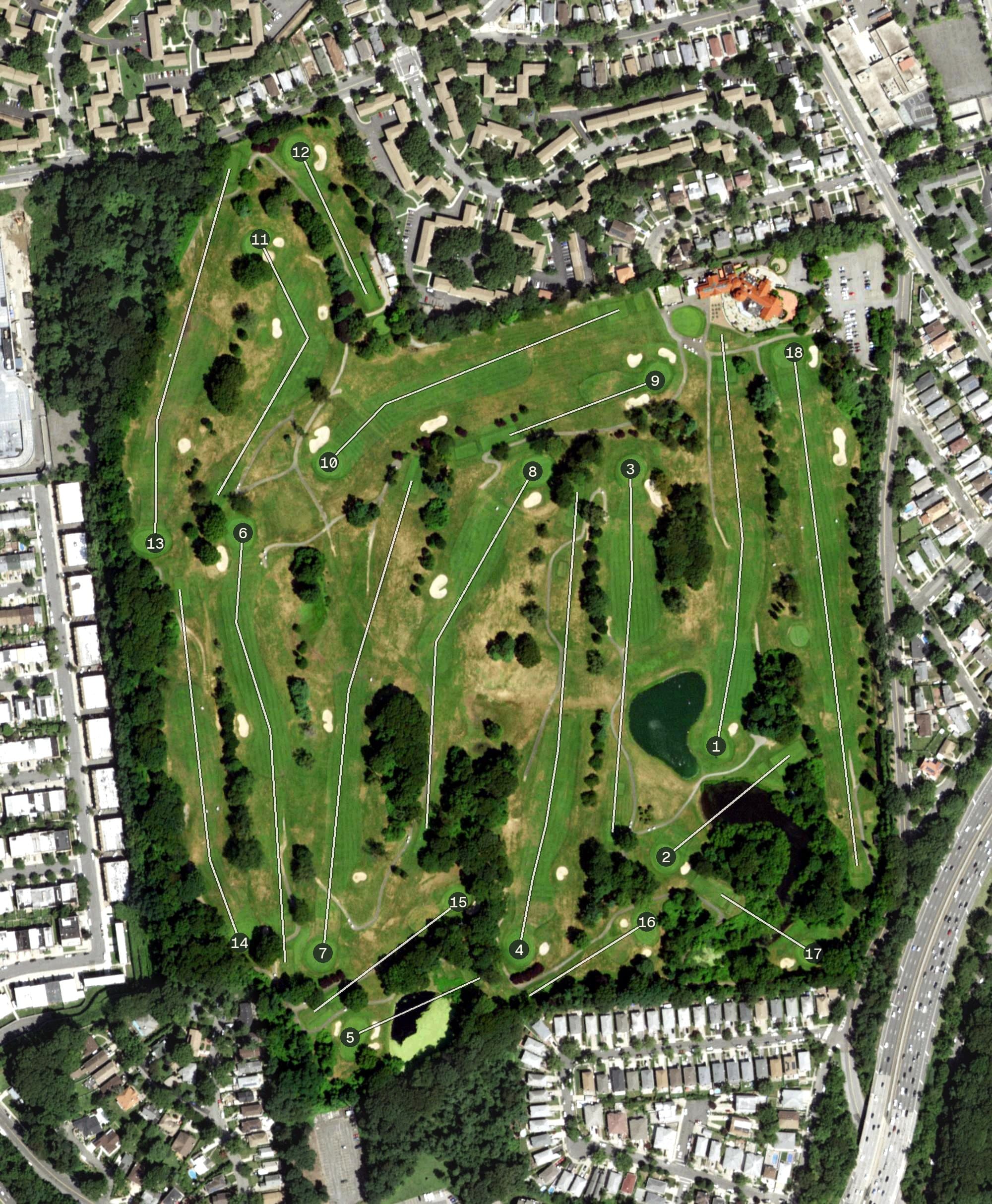 Aerial view of Douglaston Golf Course, NY, with its hole routing marked