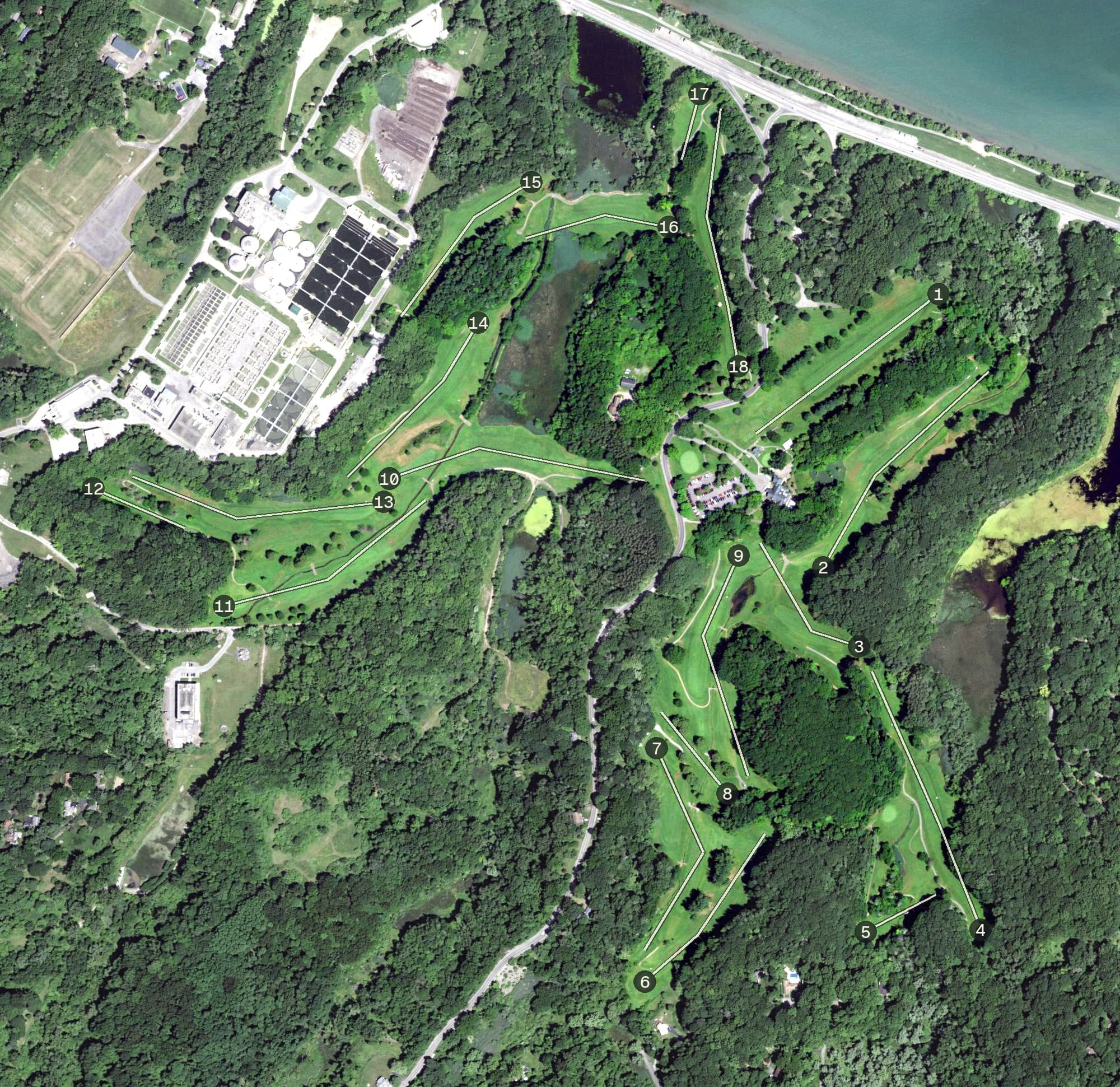 Aerial view of Durand Eastman Golf Course, NY, with its hole routing marked