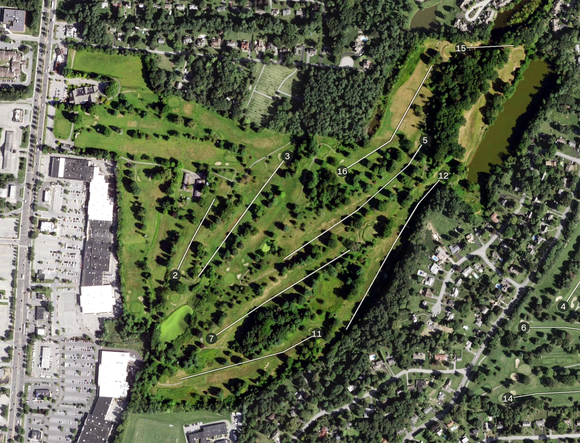 Aerial view of Dutchess Golf Club, NY, with its hole routing marked