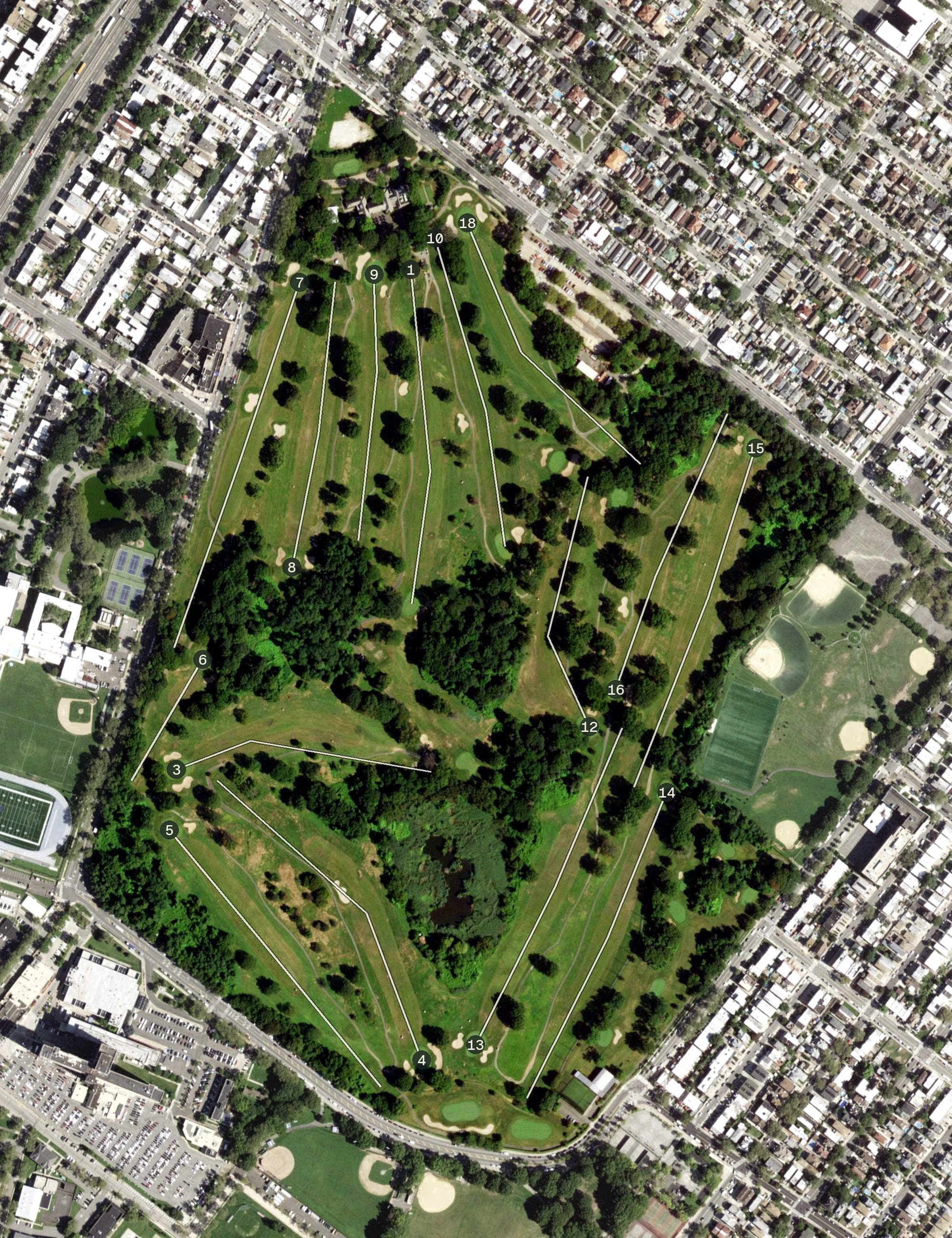 Aerial view of Dyker Beach Golf Course, NY, with its hole routing marked