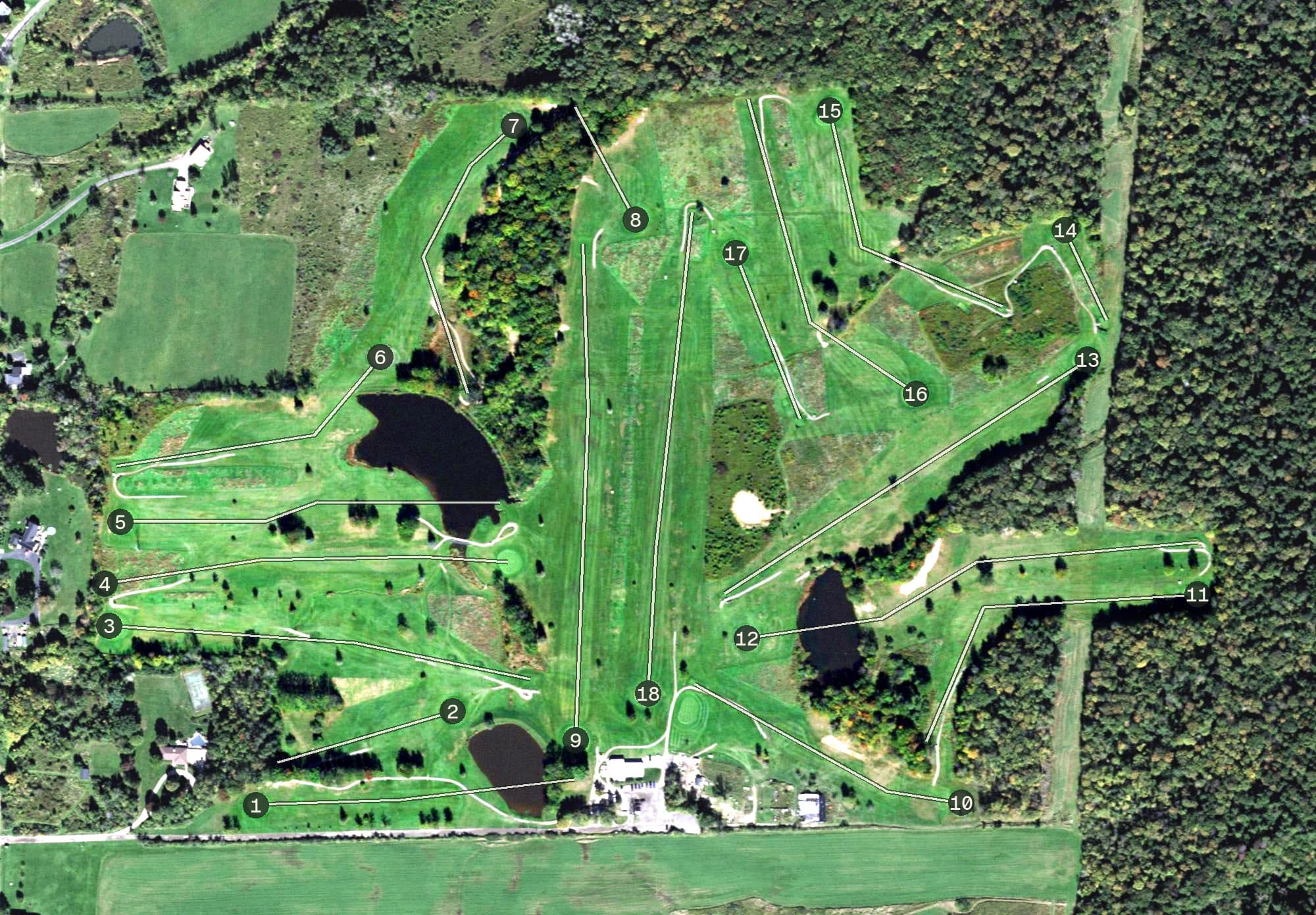 Aerial view of Eden Valley Golf Course, NY, with its hole routing marked