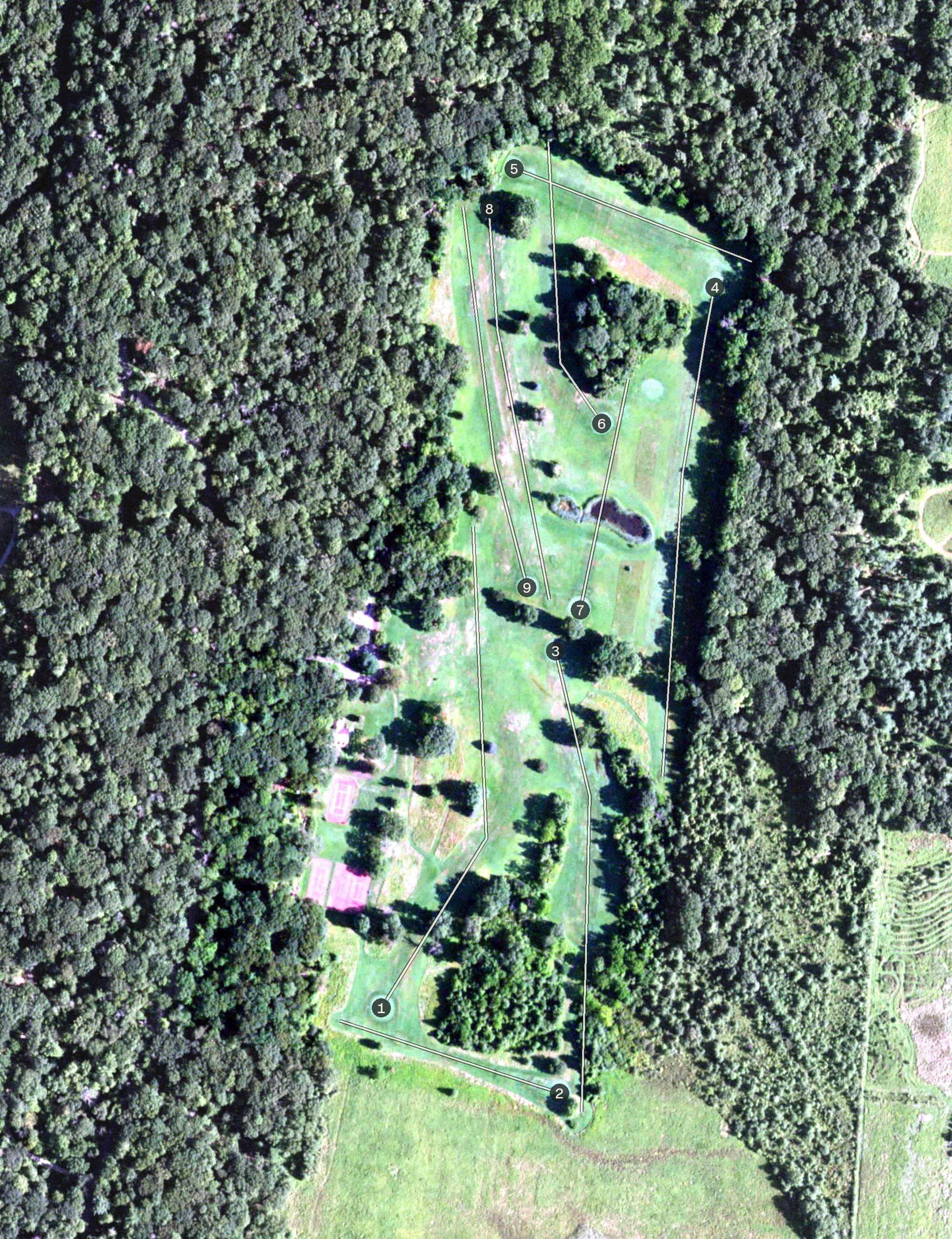 Aerial view of Edgewood Club of Tivoli, NY, with its hole routing marked