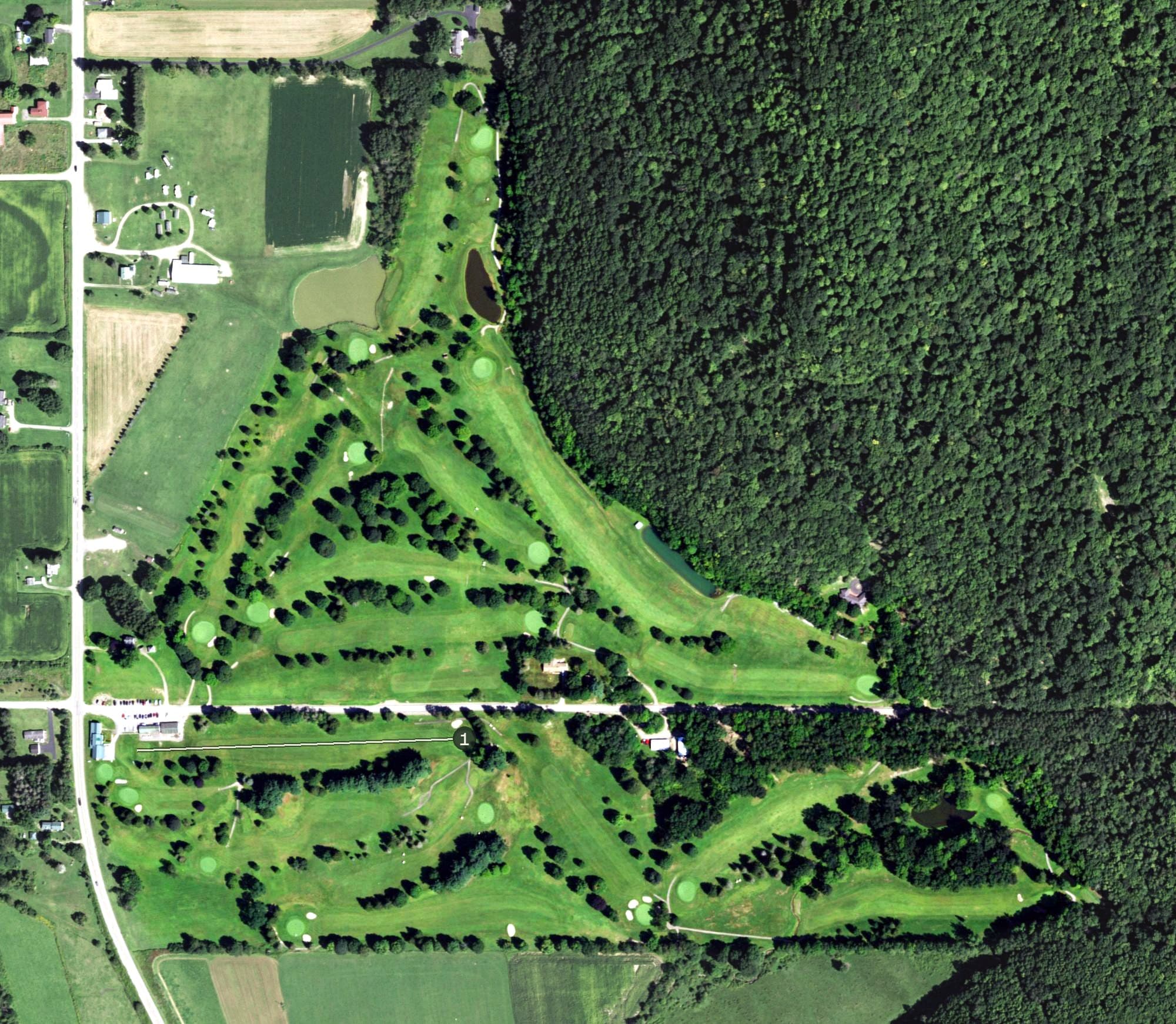 Aerial view of Elkdale Country Club, NY, with its hole routing marked