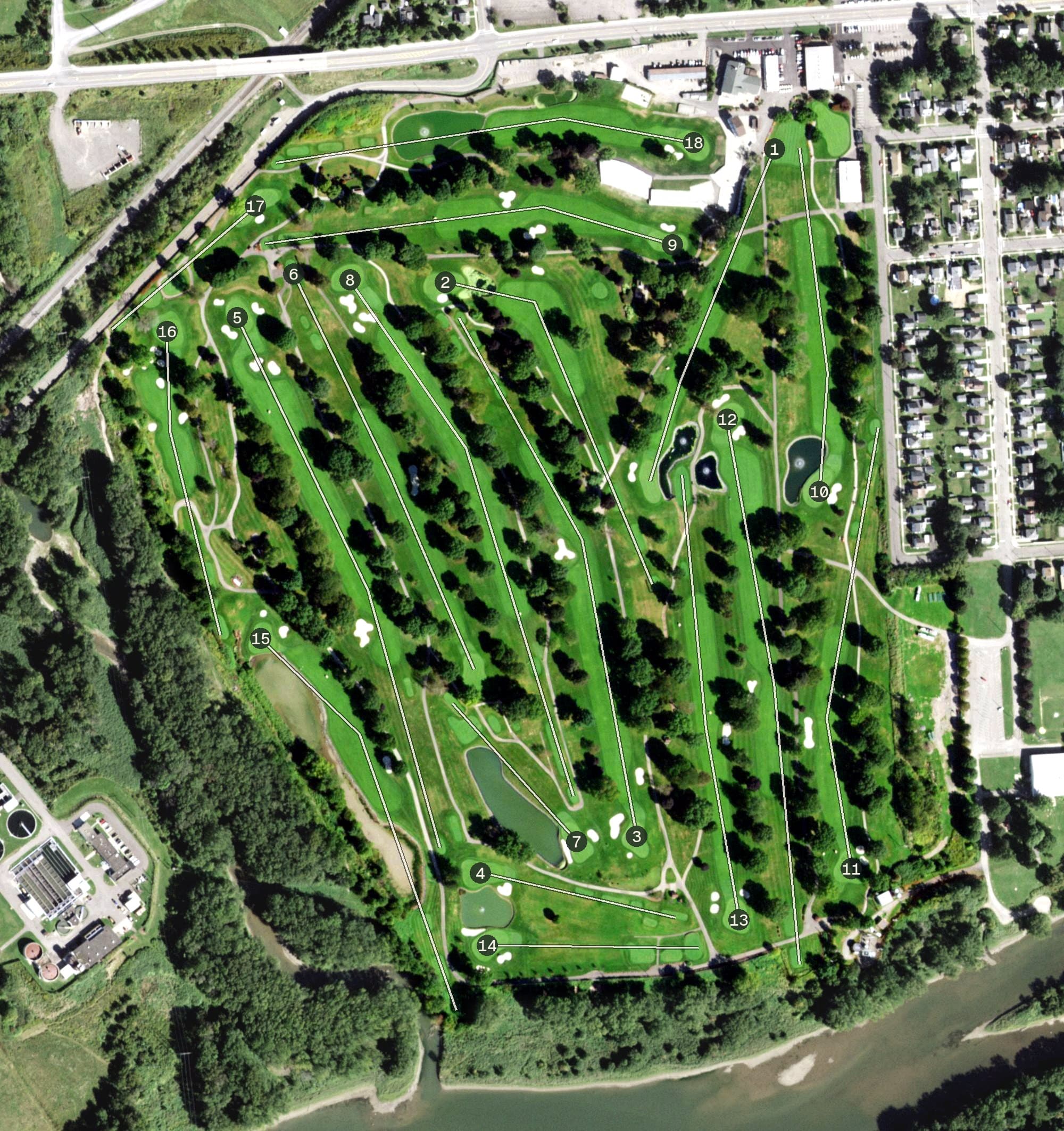 Aerial view of En-Joie Golf Club, NY, with its hole routing marked