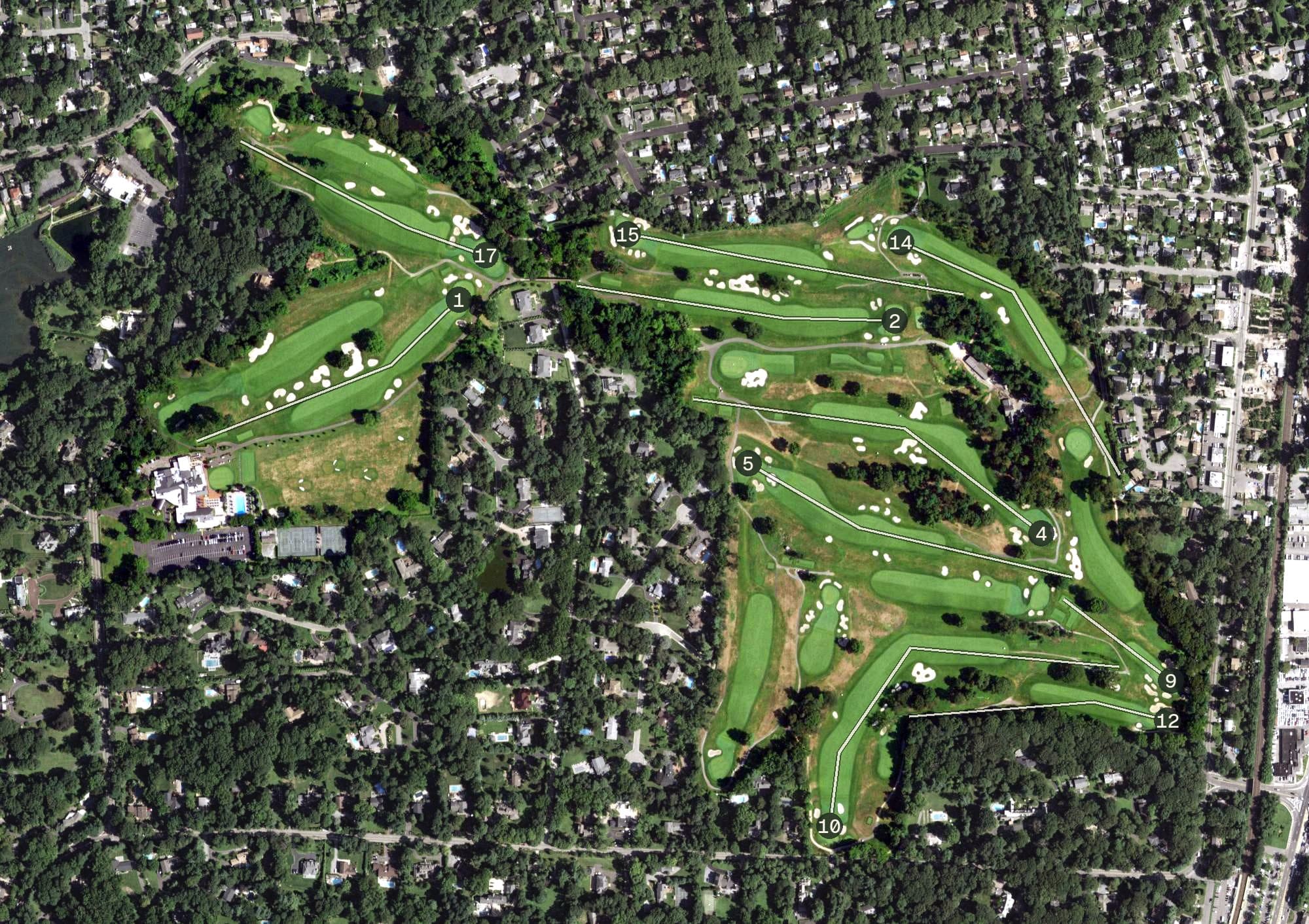 Aerial view of Engineers Country Club, NY, with its hole routing marked