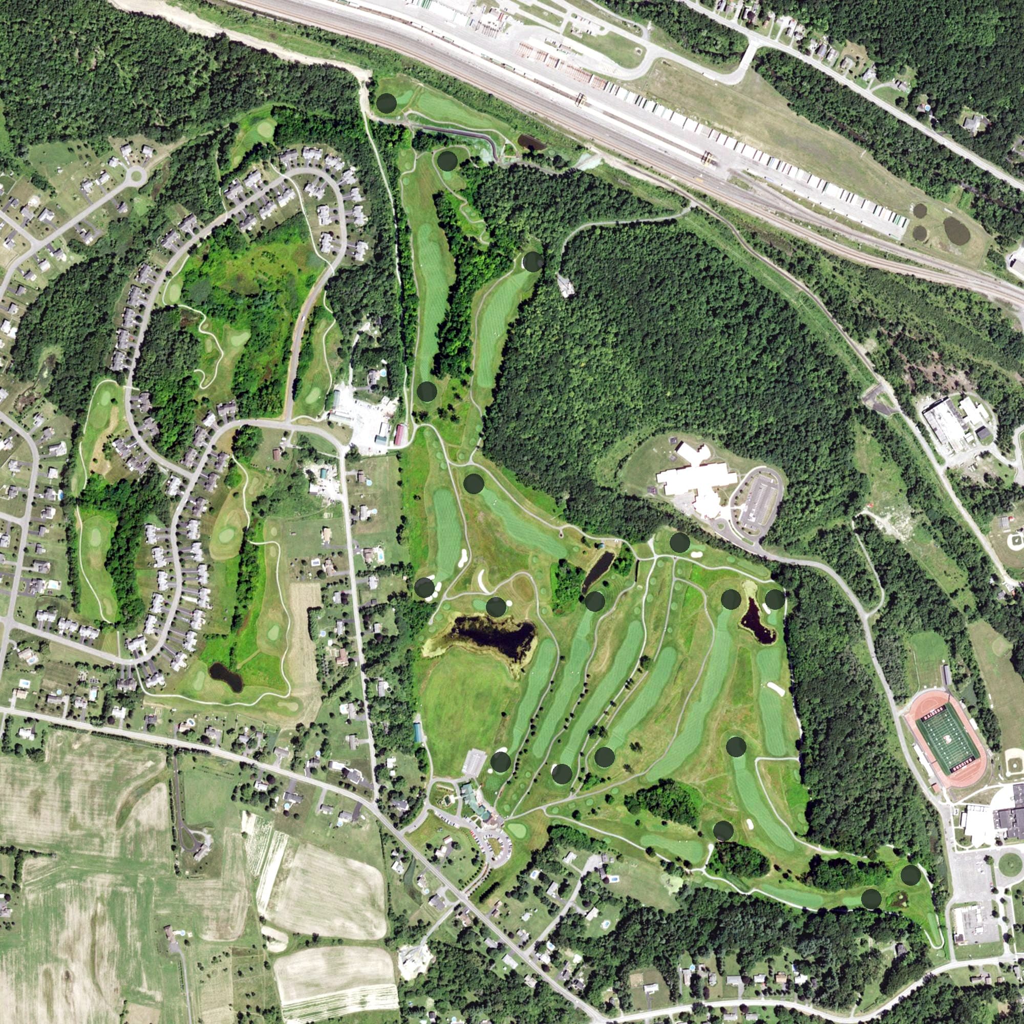 Aerial view of Fairways of Halfmoon, NY, with its hole routing marked