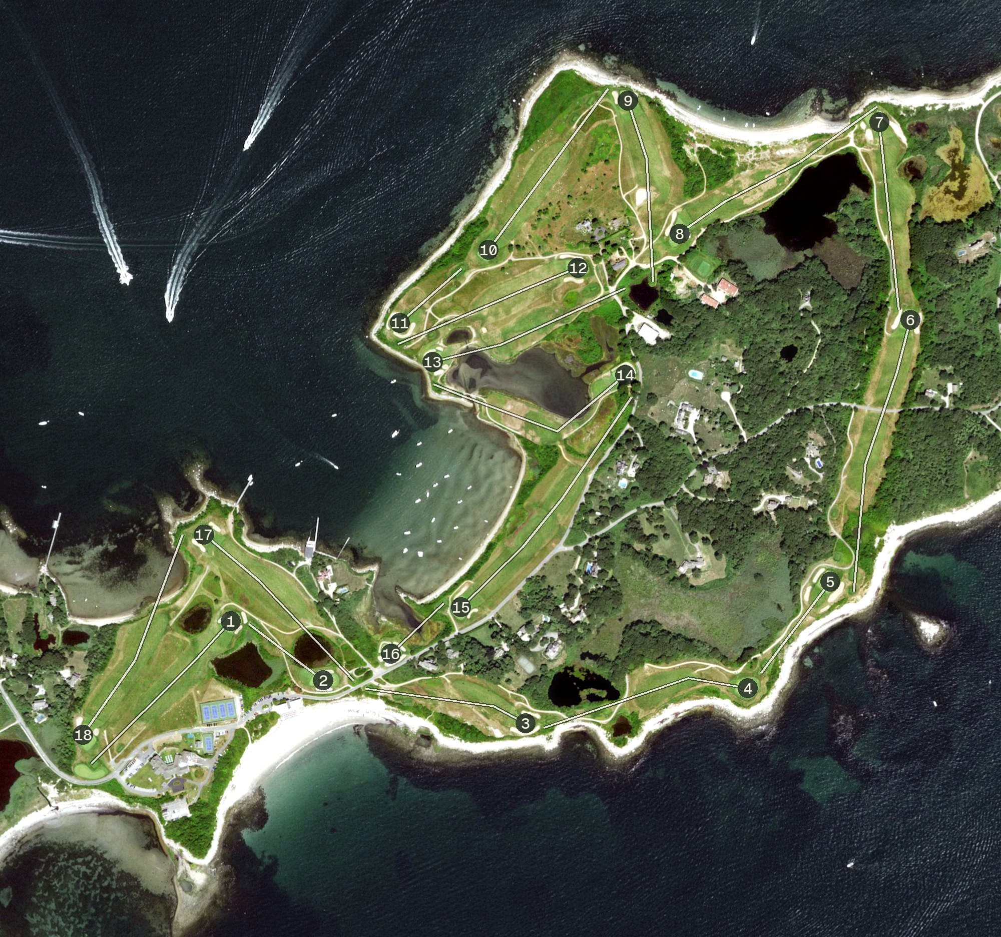 Aerial view of Fishers Island Club, NY, with its hole routing marked