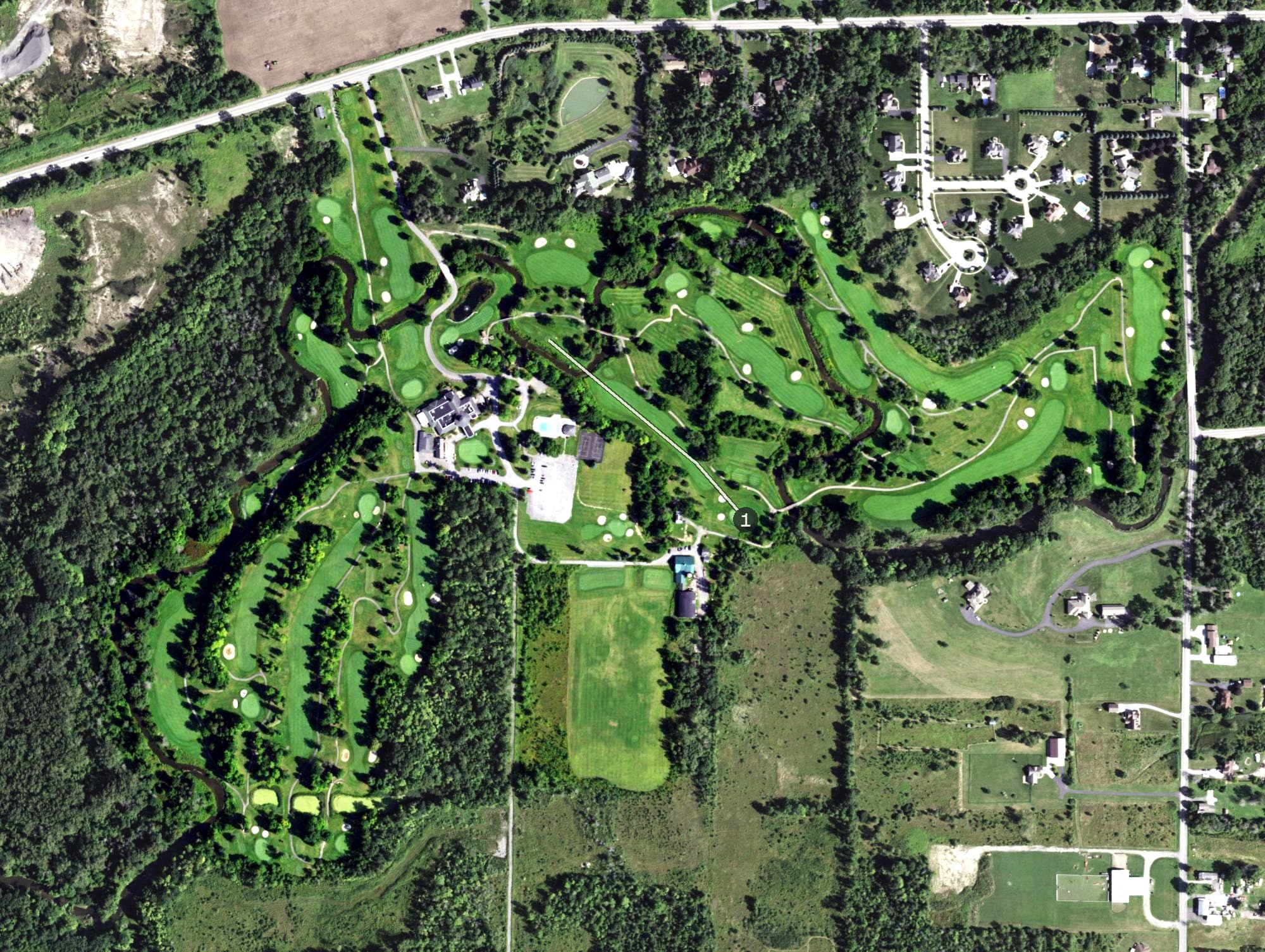 Aerial view of Fox Valley Country Club, NY, with its hole routing marked