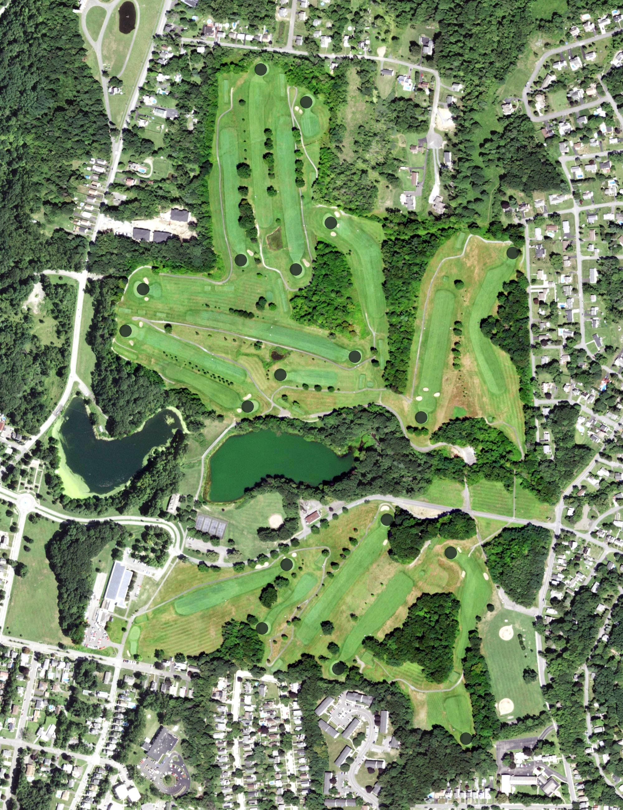 Aerial view of Frear Park Municipal Golf Course, NY, with its hole routing marked