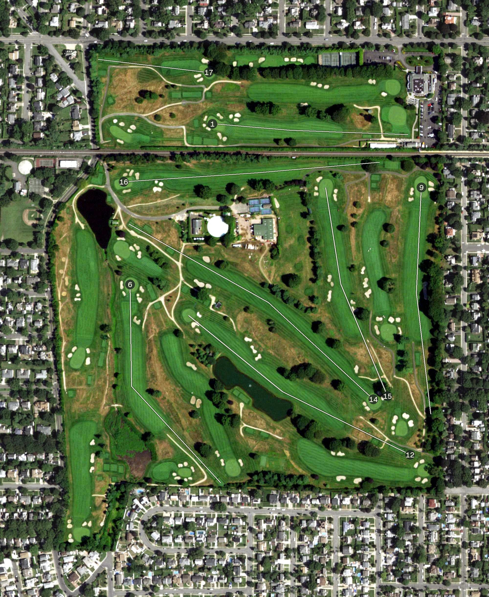 Aerial view of Garden City Country Club, NY, with its hole routing marked