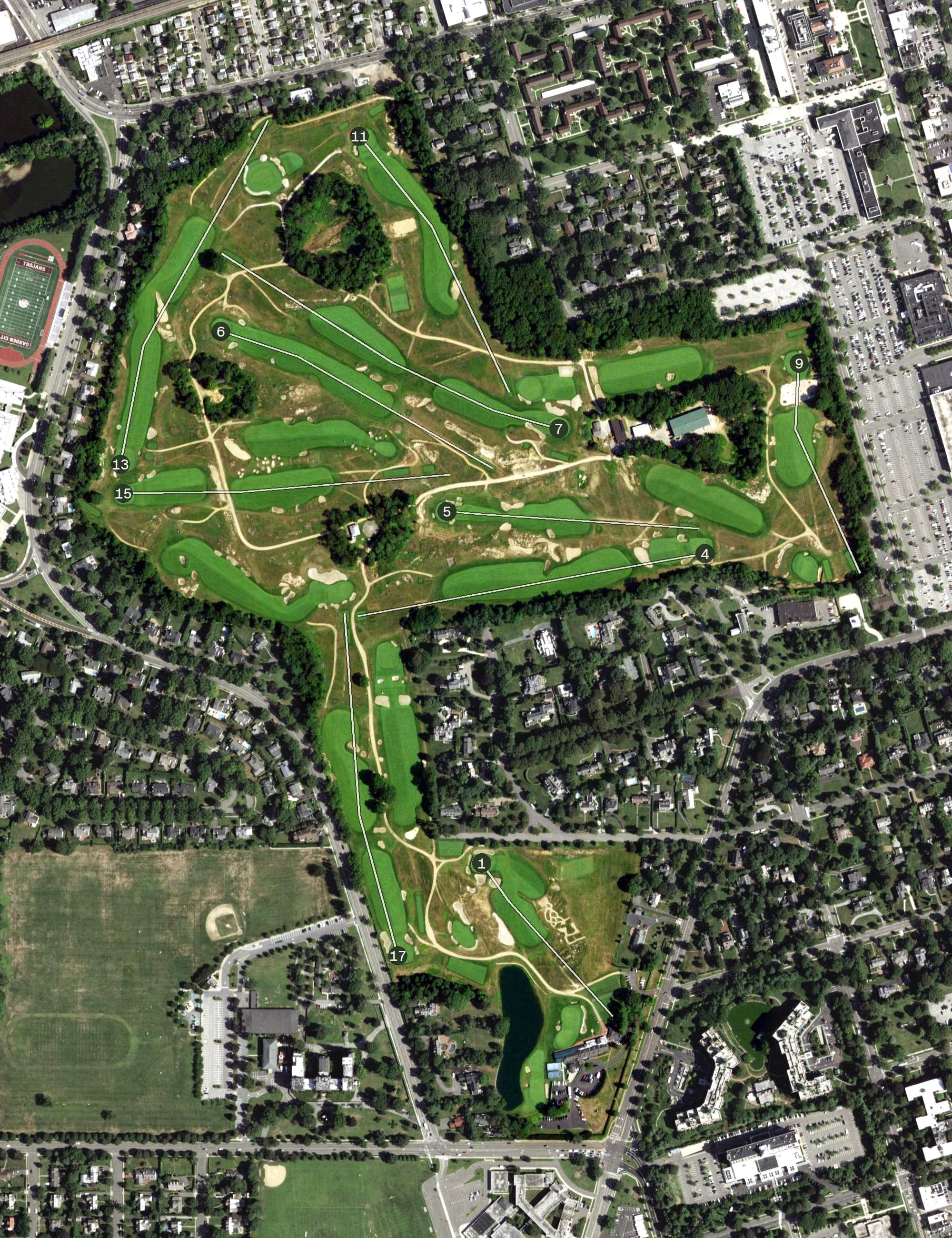 Aerial view of Garden City Golf Club, NY, with its hole routing marked