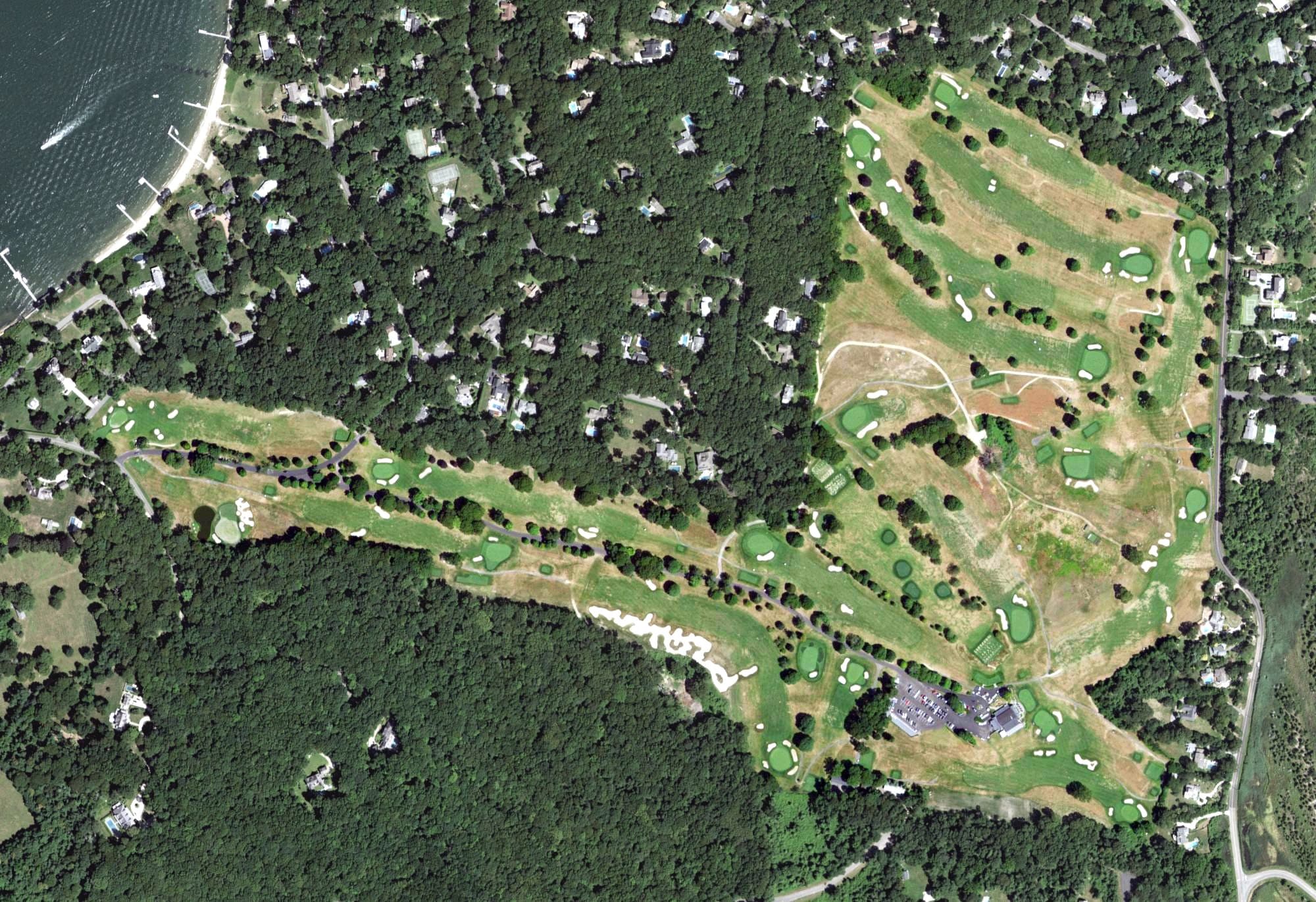Aerial view of Gardiner's Bay Country Club, NY, with its hole routing marked