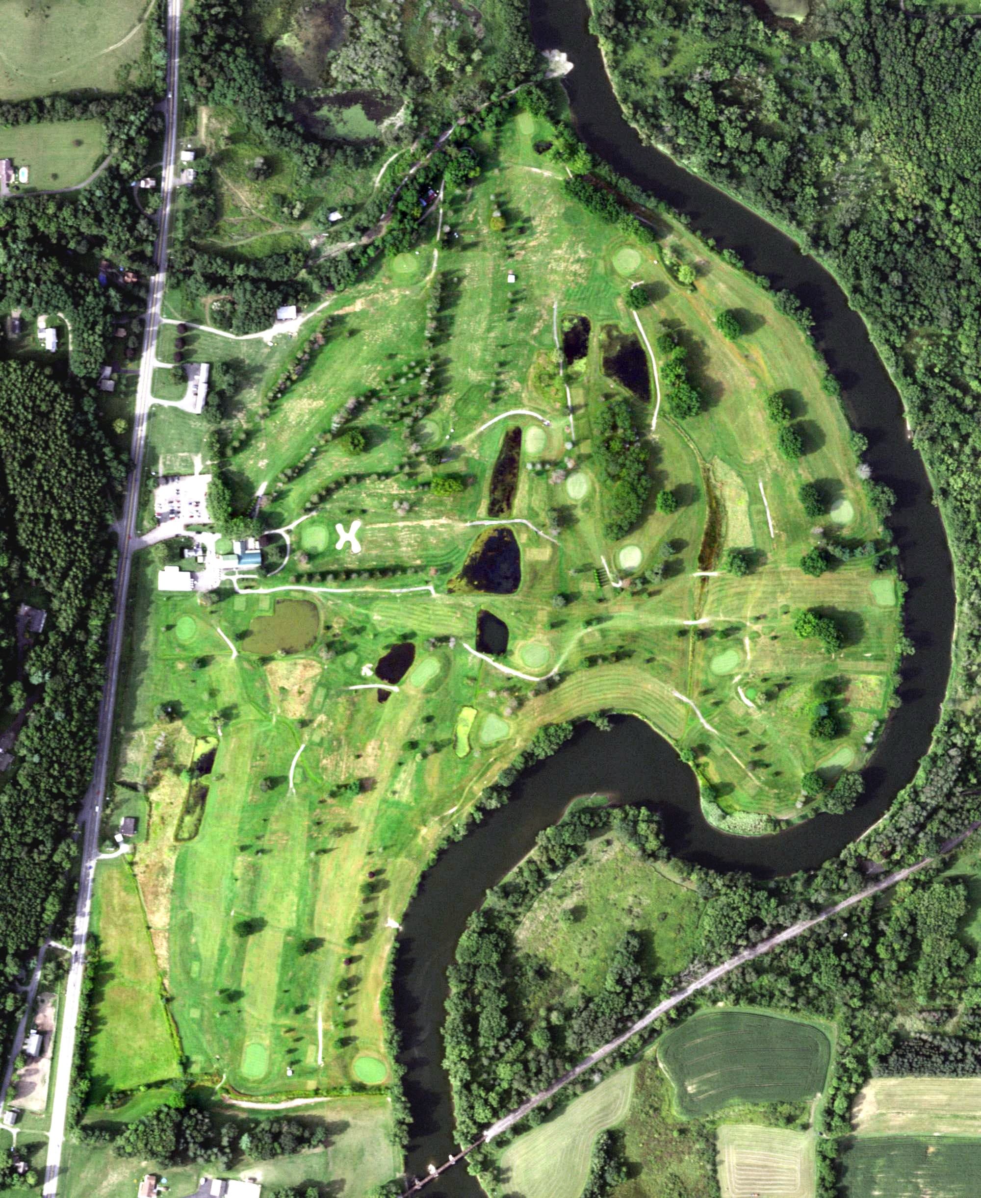 Aerial view of Genegantslet Golf Club, NY, with its hole routing marked