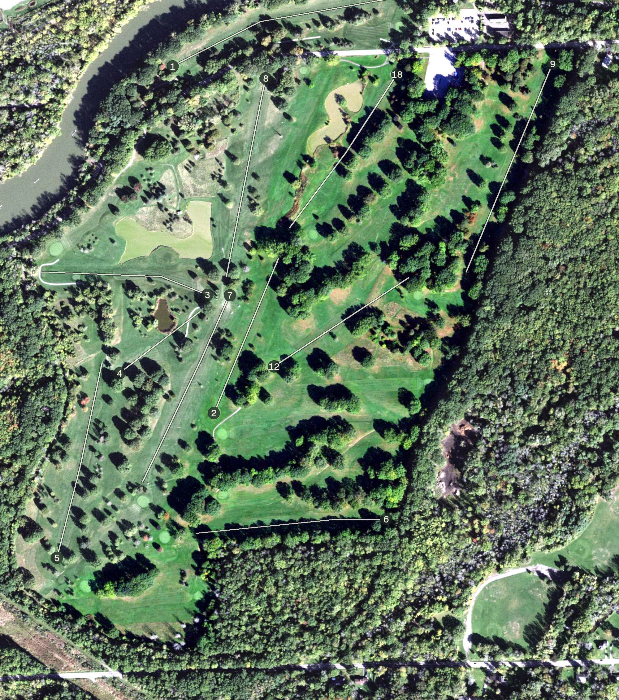 Aerial view of Genesee Valley Golf Course South, NY, with its hole routing marked