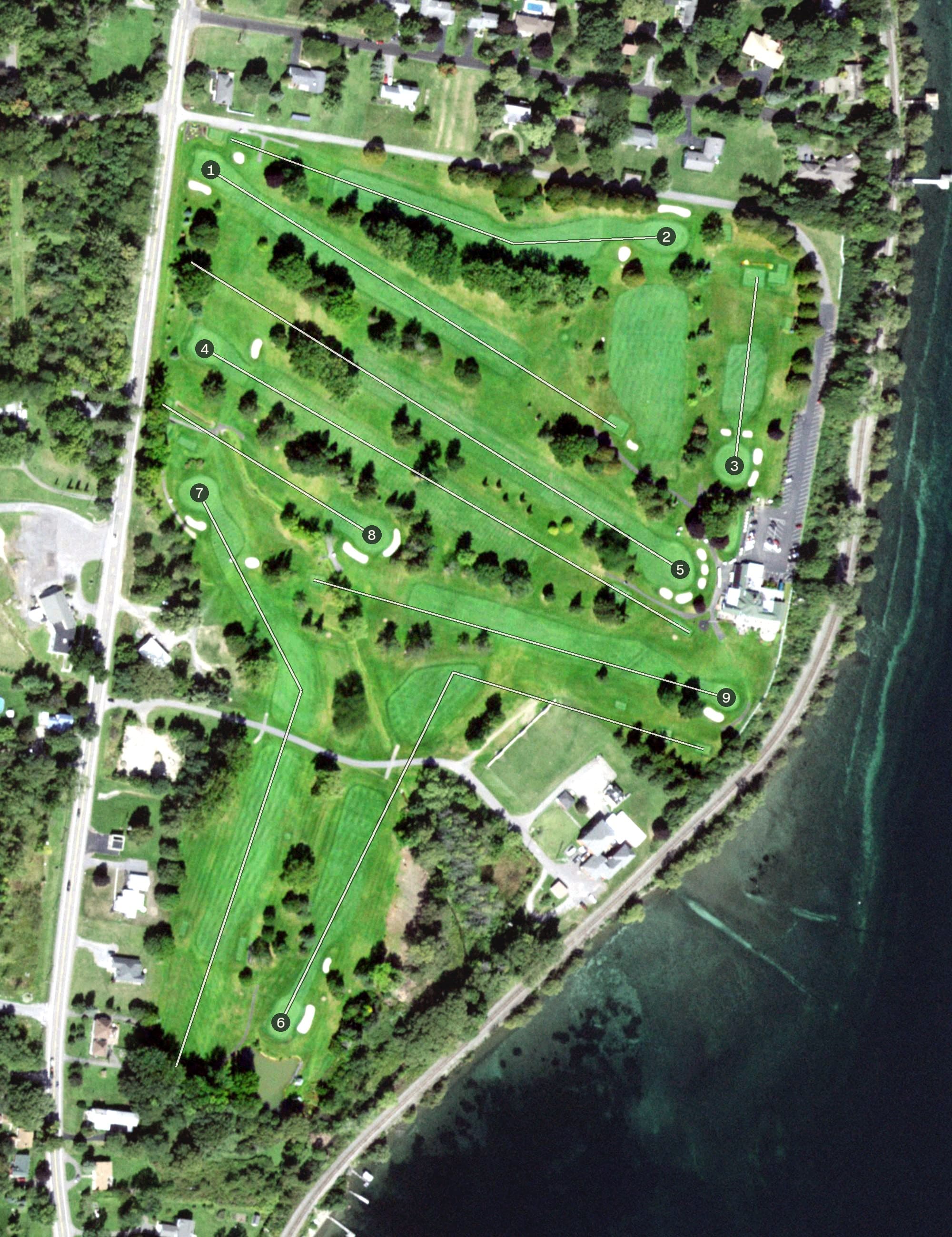 Aerial view of Geneva Country Club, NY, with its hole routing marked
