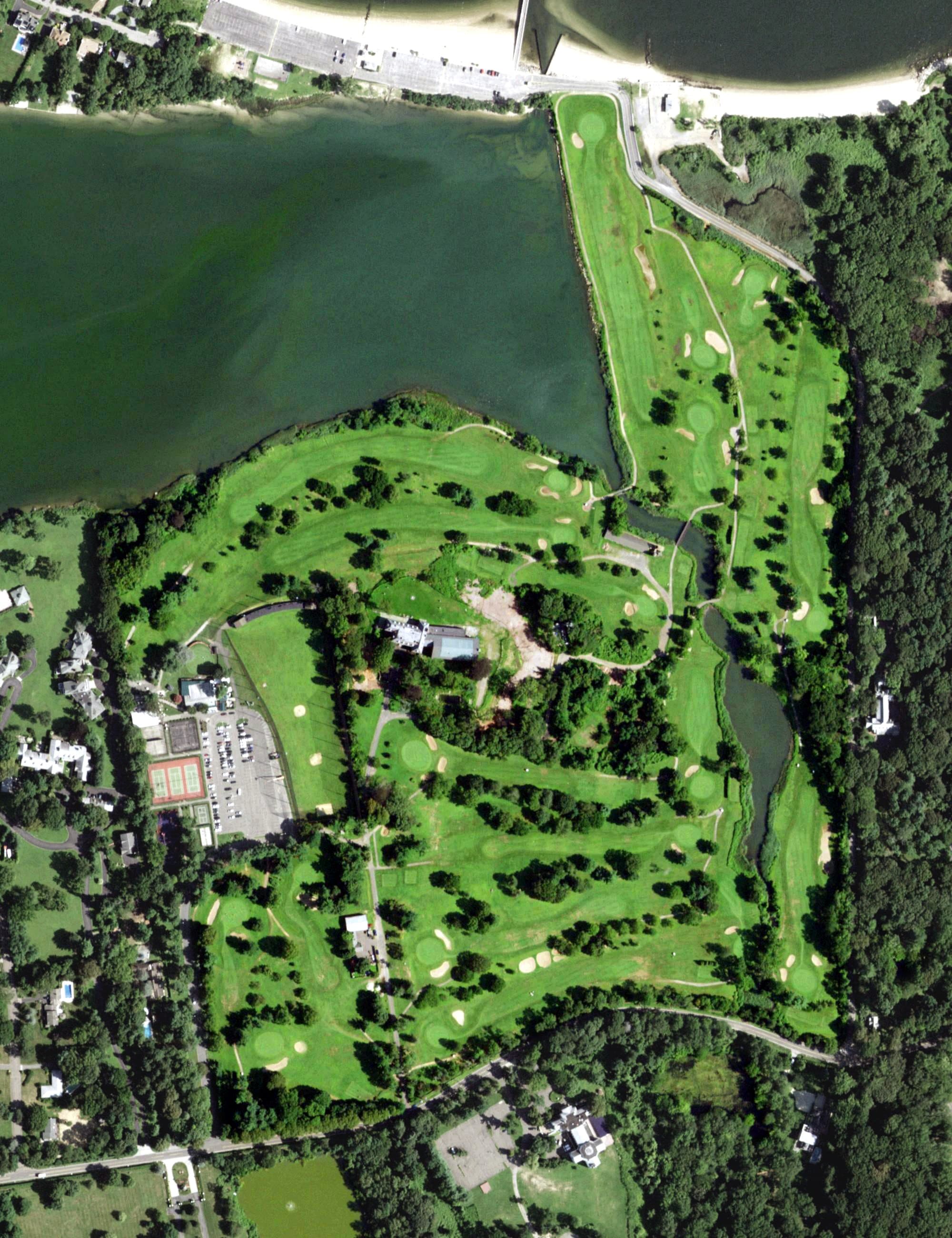 Aerial view of Glen Cove Golf Club, NY, with its hole routing marked
