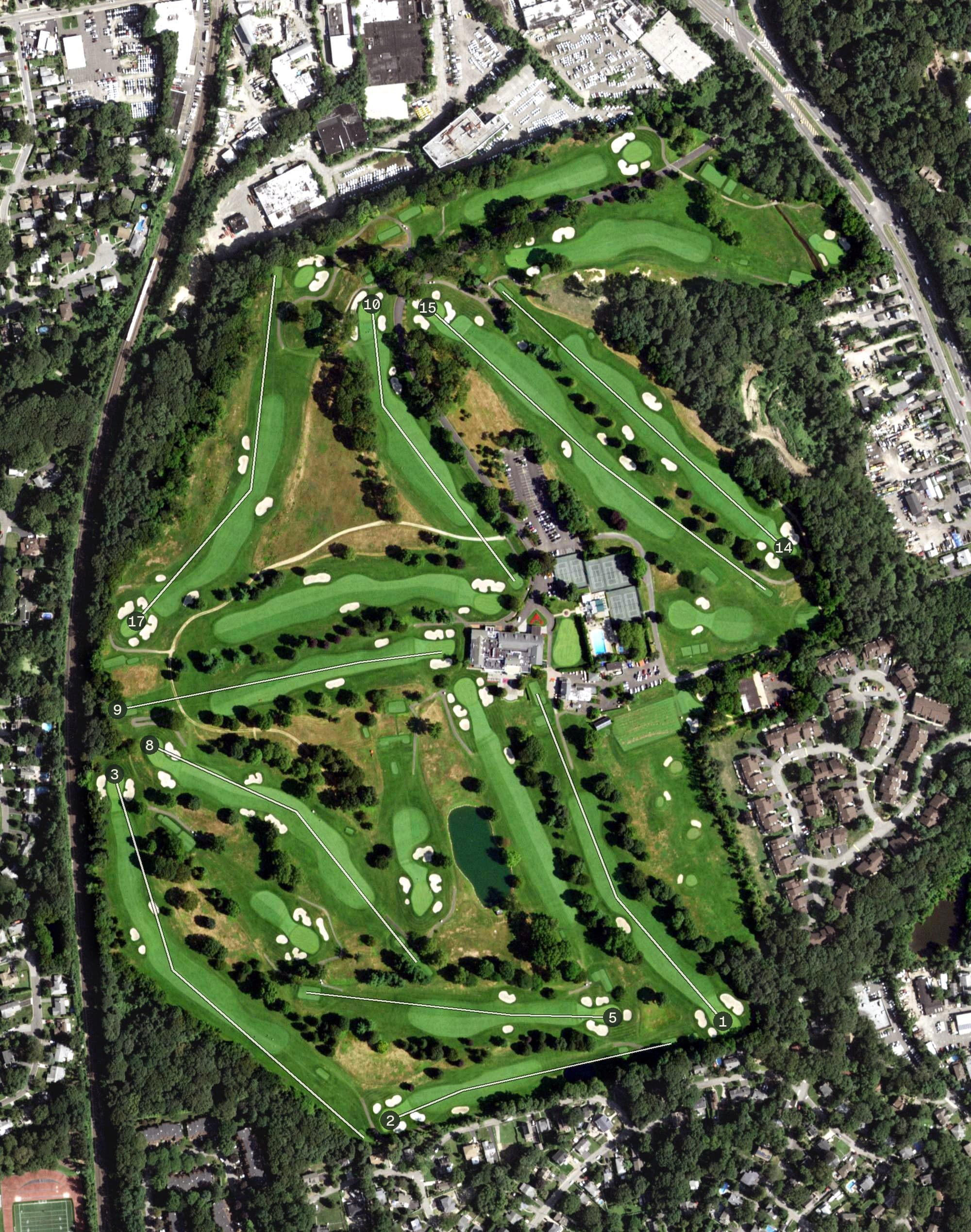 Aerial view of Glen Head Country Club, NY, with its hole routing marked