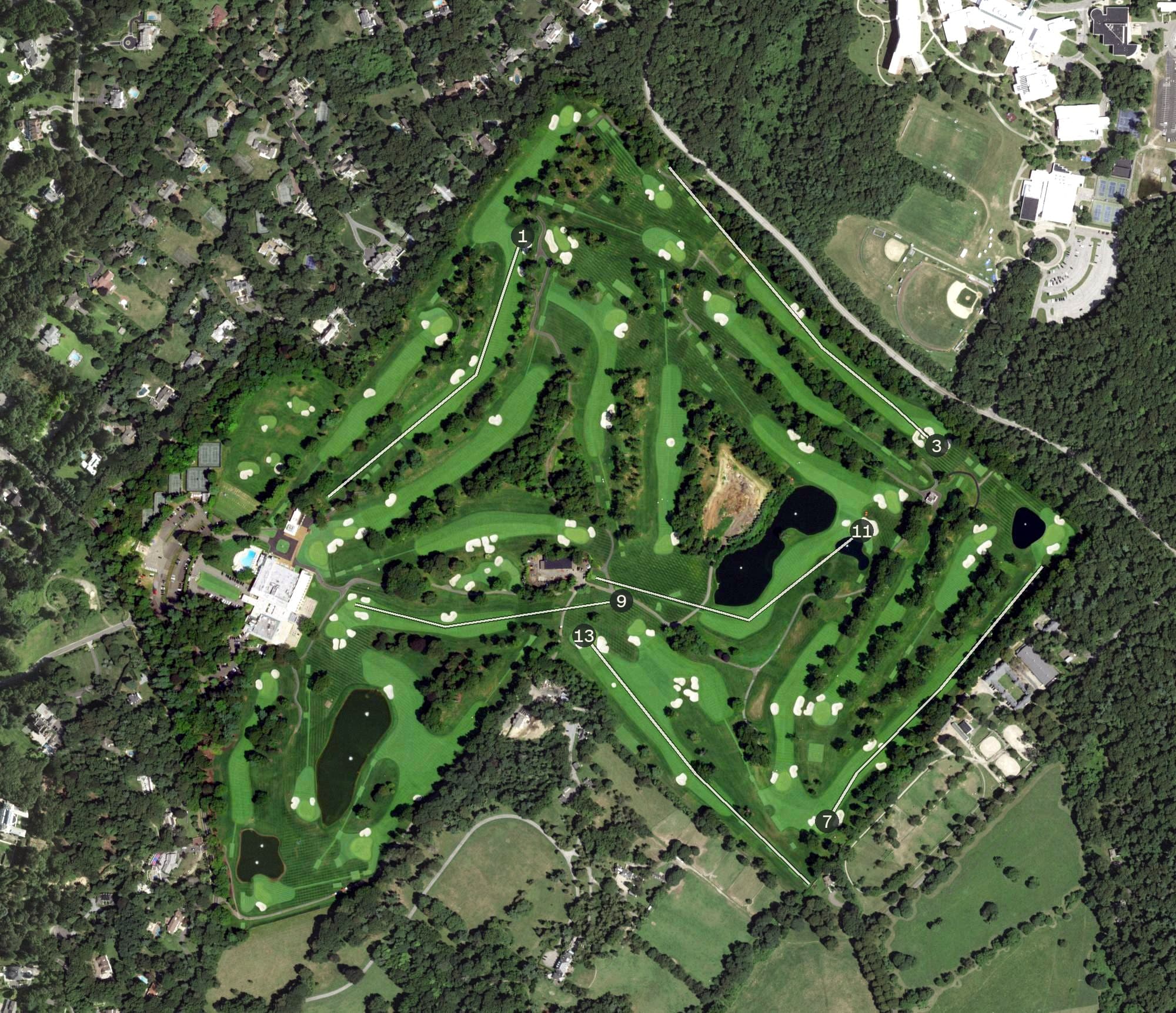 Aerial view of Glen Oaks Club, NY, with its hole routing marked