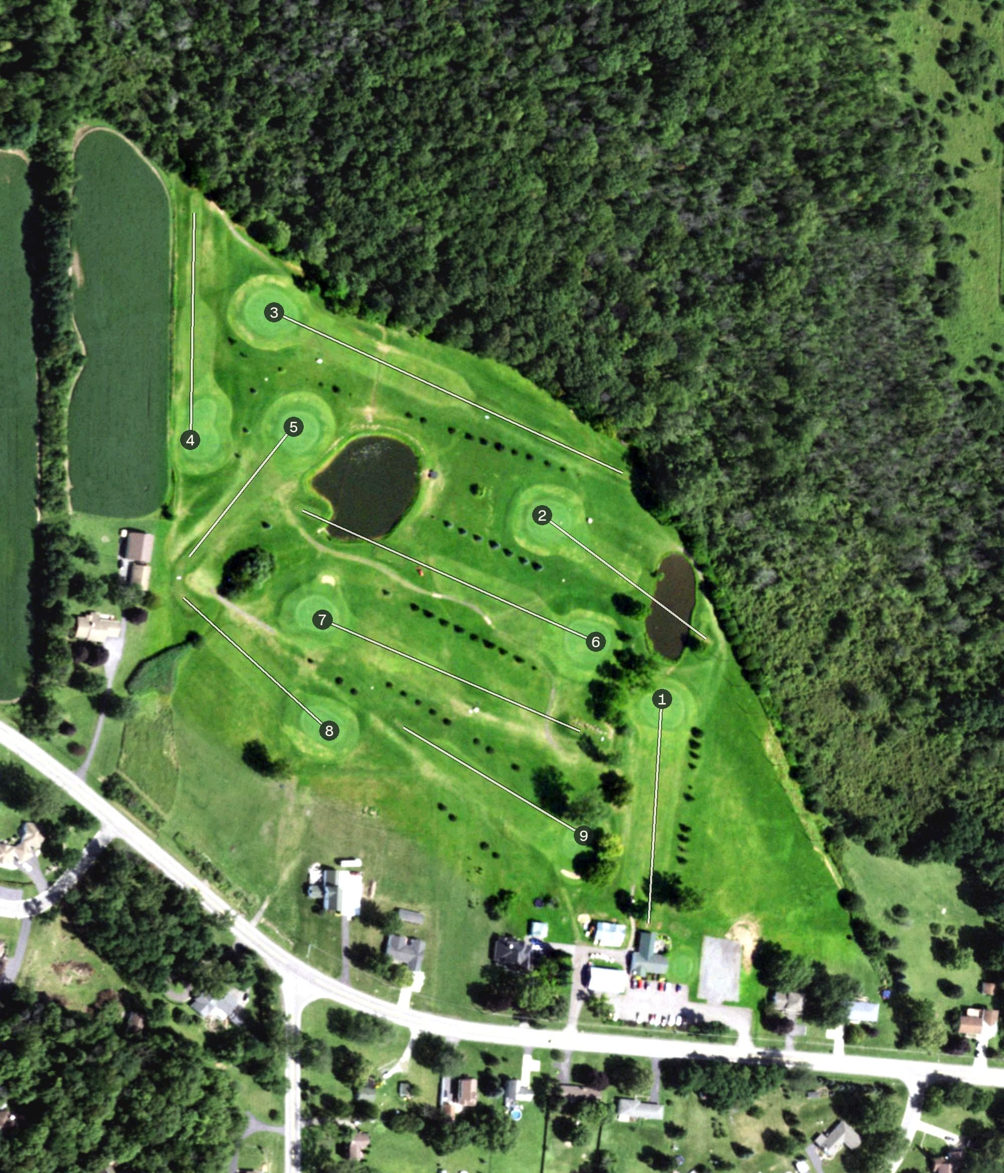 Aerial view of Gothic Hill Golf Course, NY, with its hole routing marked