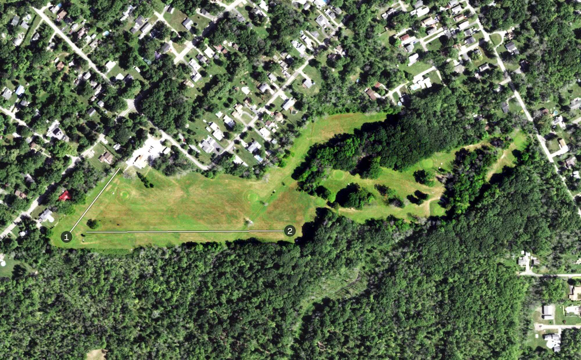 Aerial view of Grandview Bay Golf Course, NY, with its hole routing marked