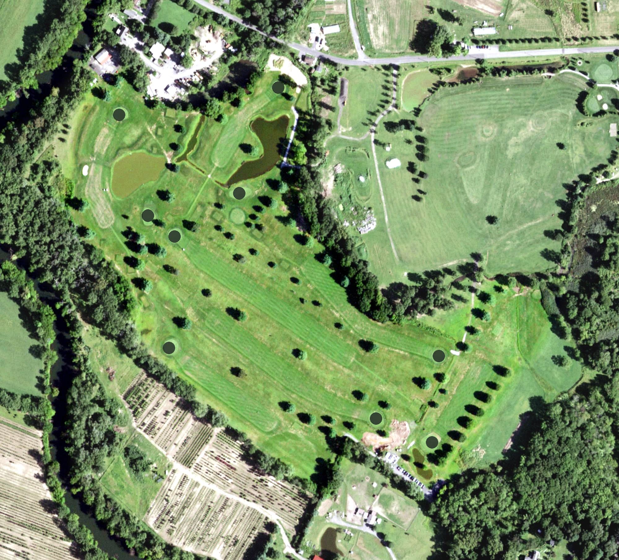 Aerial view of Green Acres Golf Club, NY, with its hole routing marked