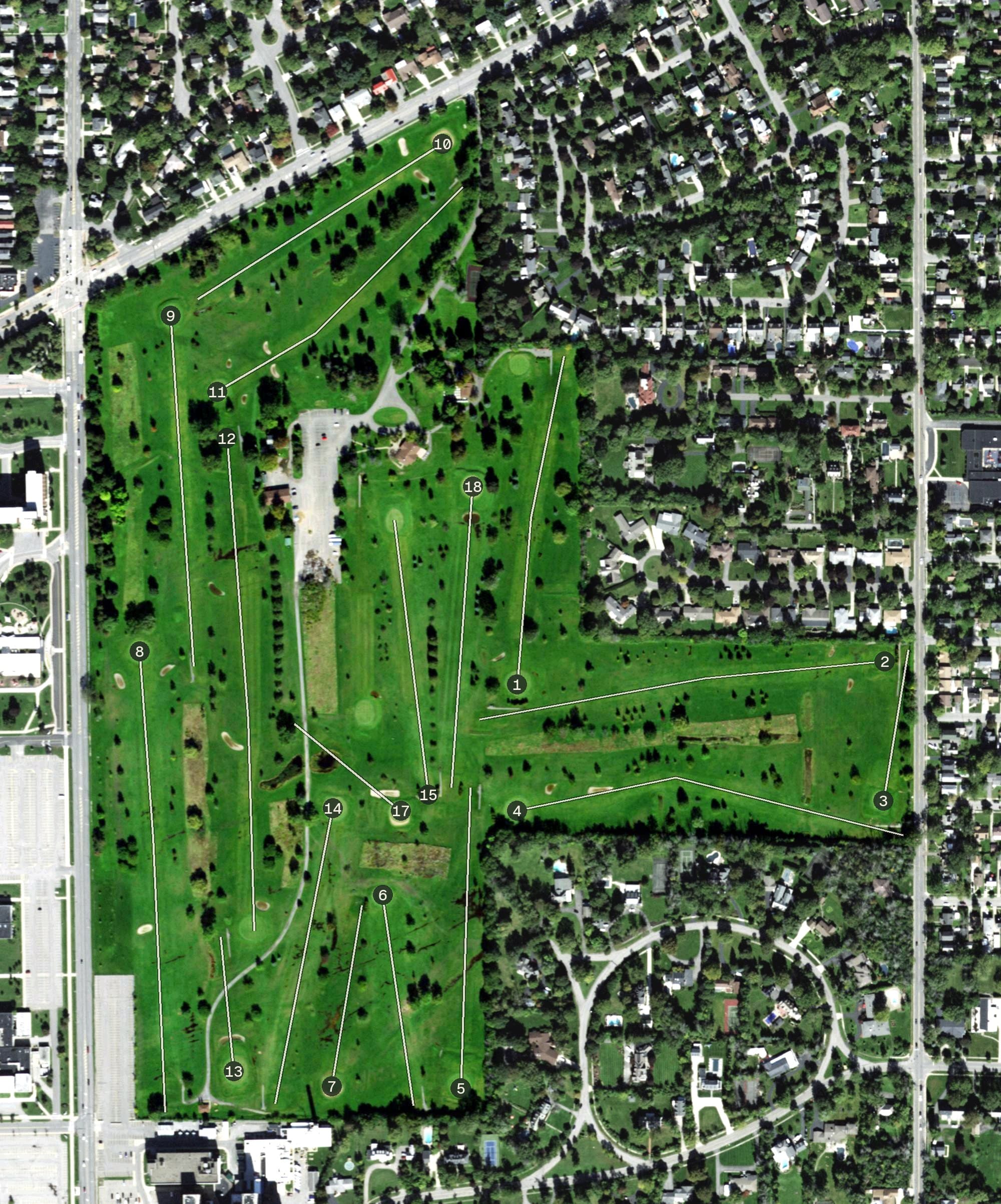 Aerial view of Grover Cleveland Golf Course, NY, with its hole routing marked