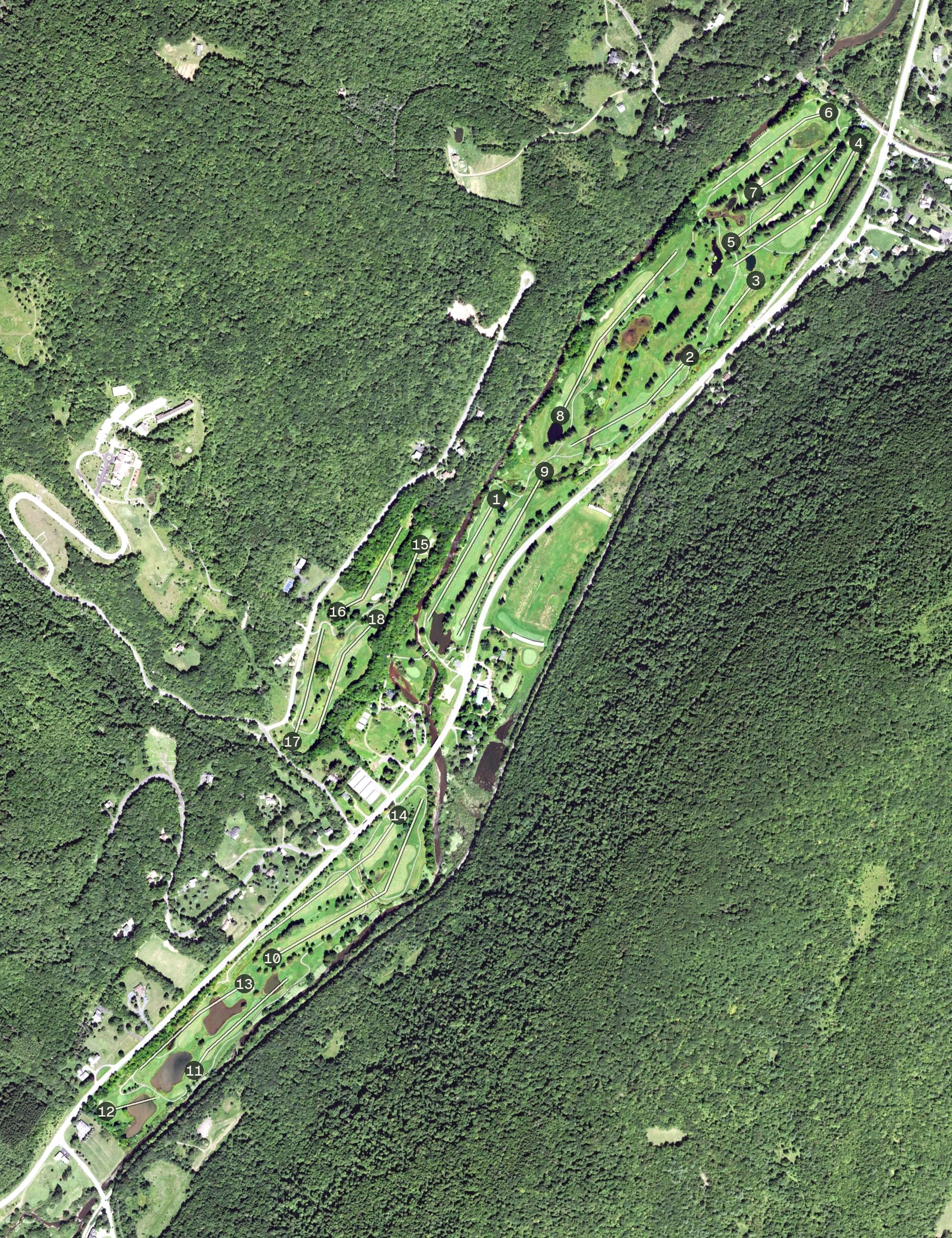 Aerial view of Hanah Country Club, NY, with its hole routing marked