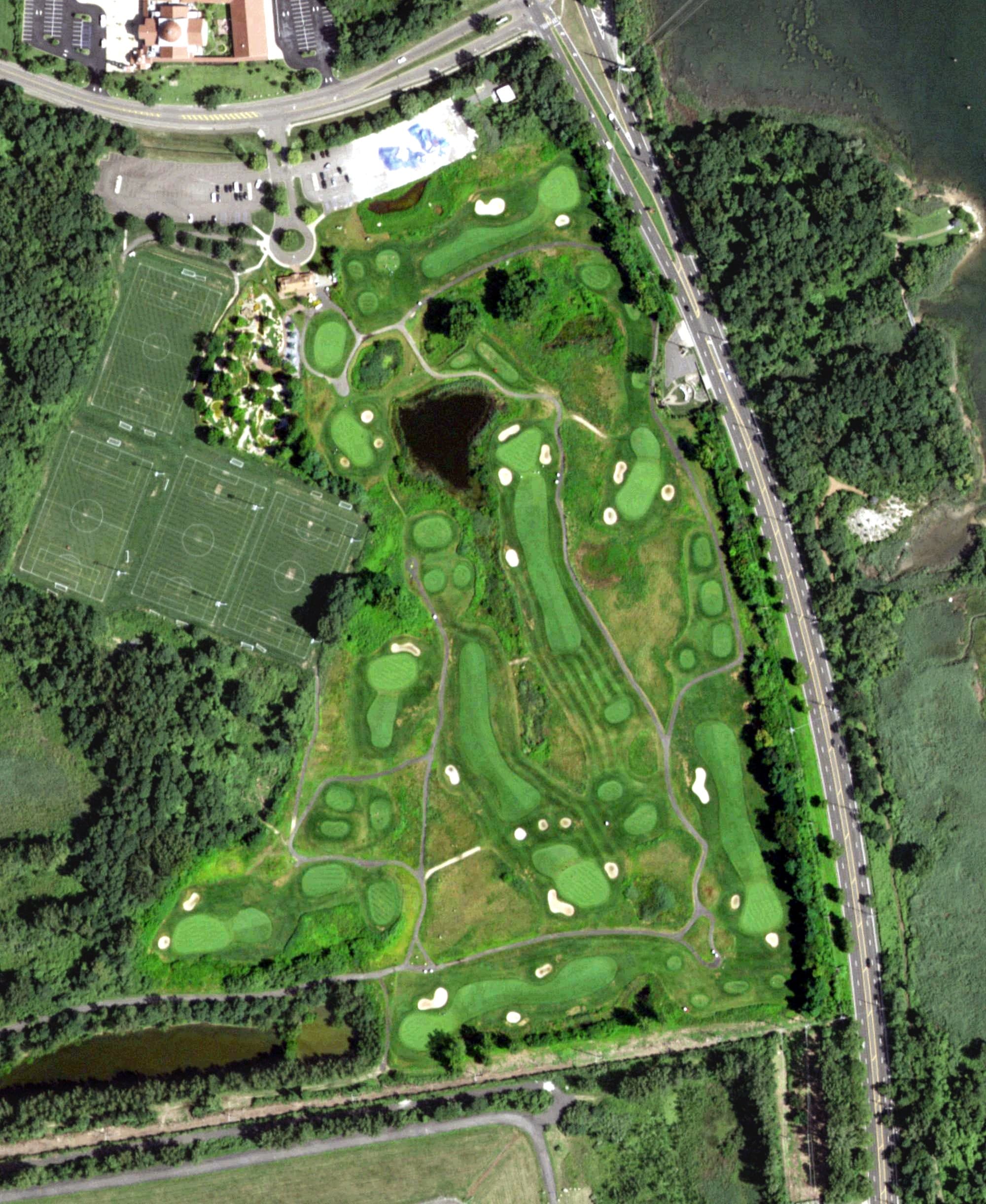 Aerial view of Harbor Links Executive Course, NY, with its hole routing marked