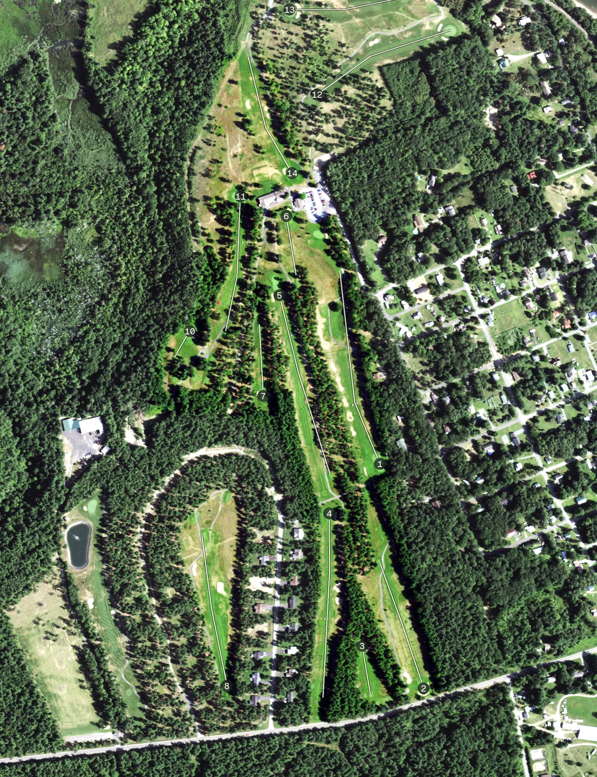 Aerial view of Harmony Golf Club & Community, NY, with its hole routing marked