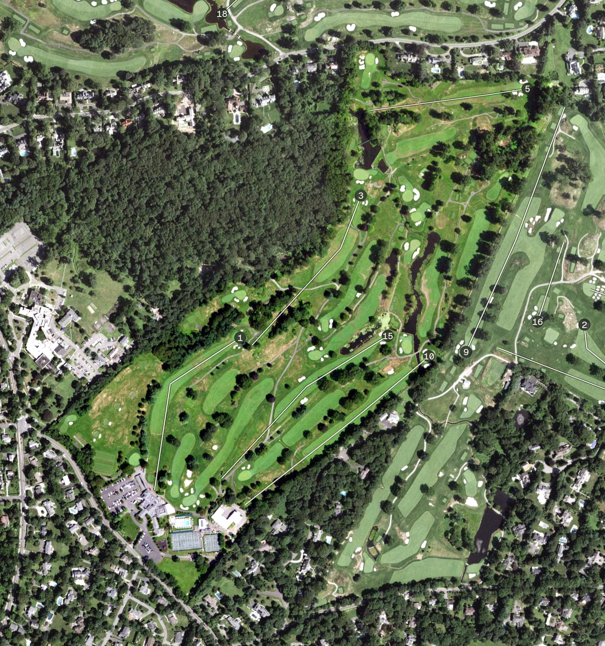 Aerial view of Harrison Meadows Country Club, NY, with its hole routing marked