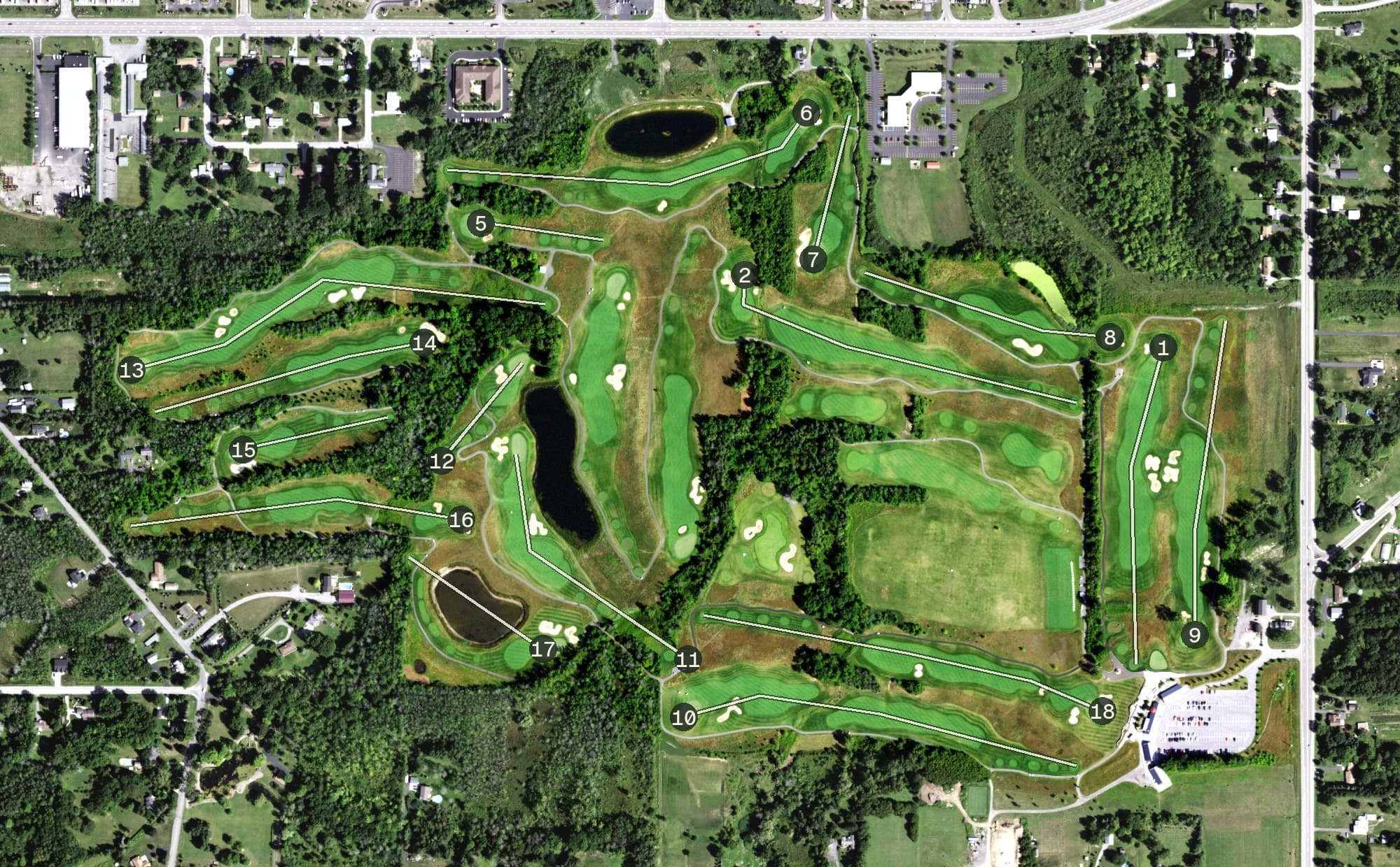 Aerial view of Harvest Hill Golf Club, NY, with its hole routing marked