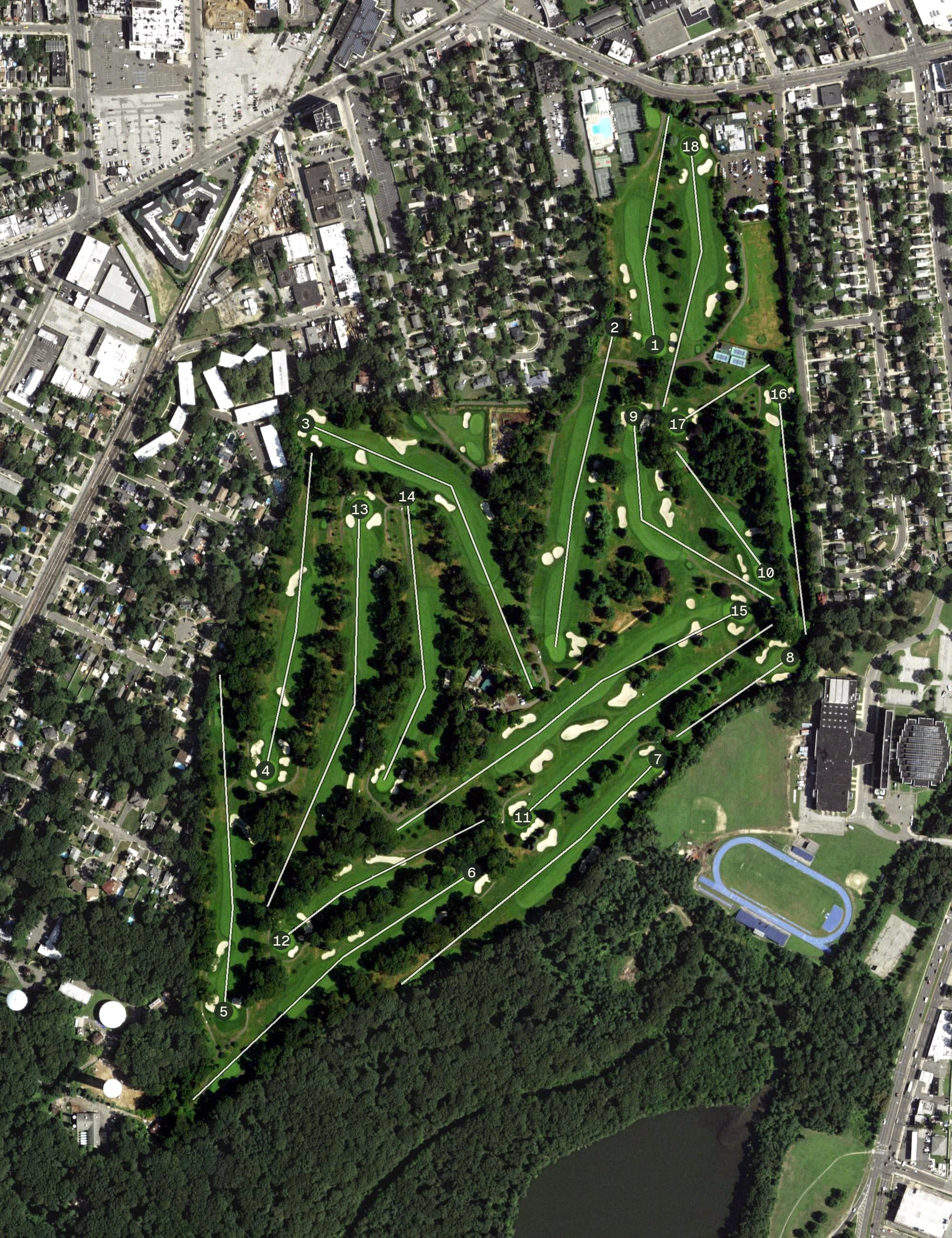 Aerial view of Hempstead Golf and Country Club, NY, with its hole routing marked