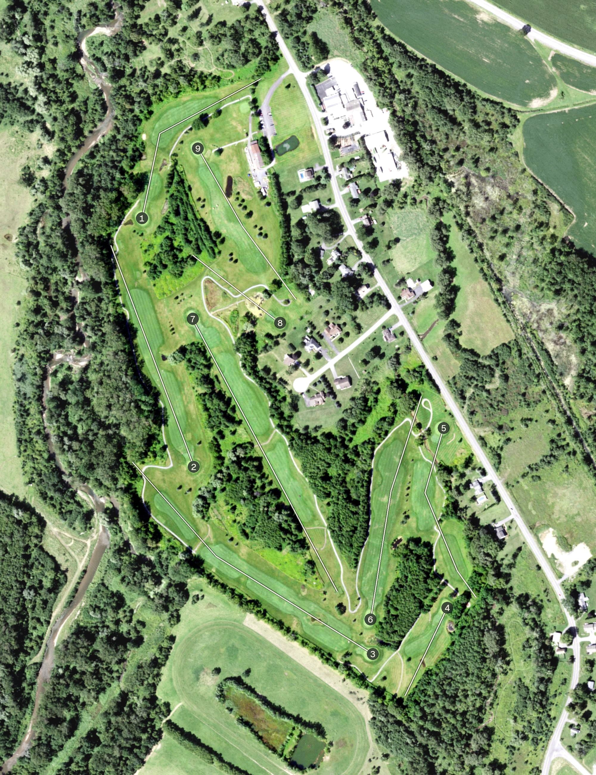 Aerial view of Heron Creek Golf Club, NY, with its hole routing marked
