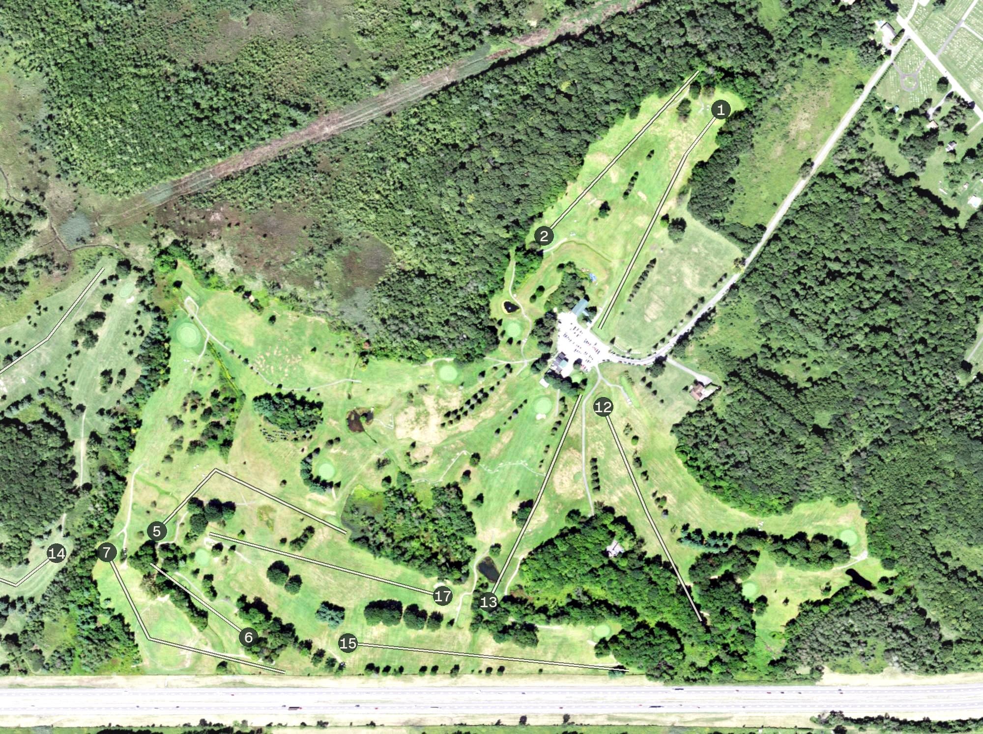 Aerial view of Hidden Valley Golf Club, NY, with its hole routing marked