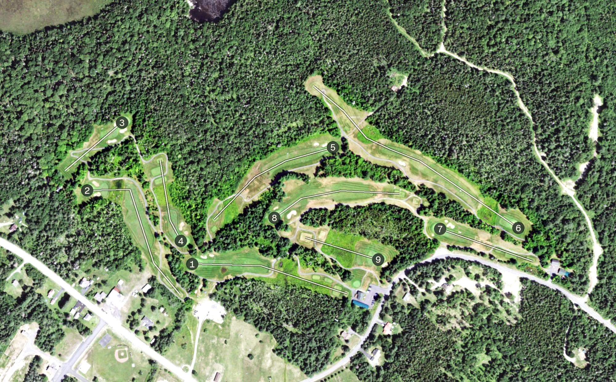 Aerial view of High Peaks Golf Course Club, NY, with its hole routing marked