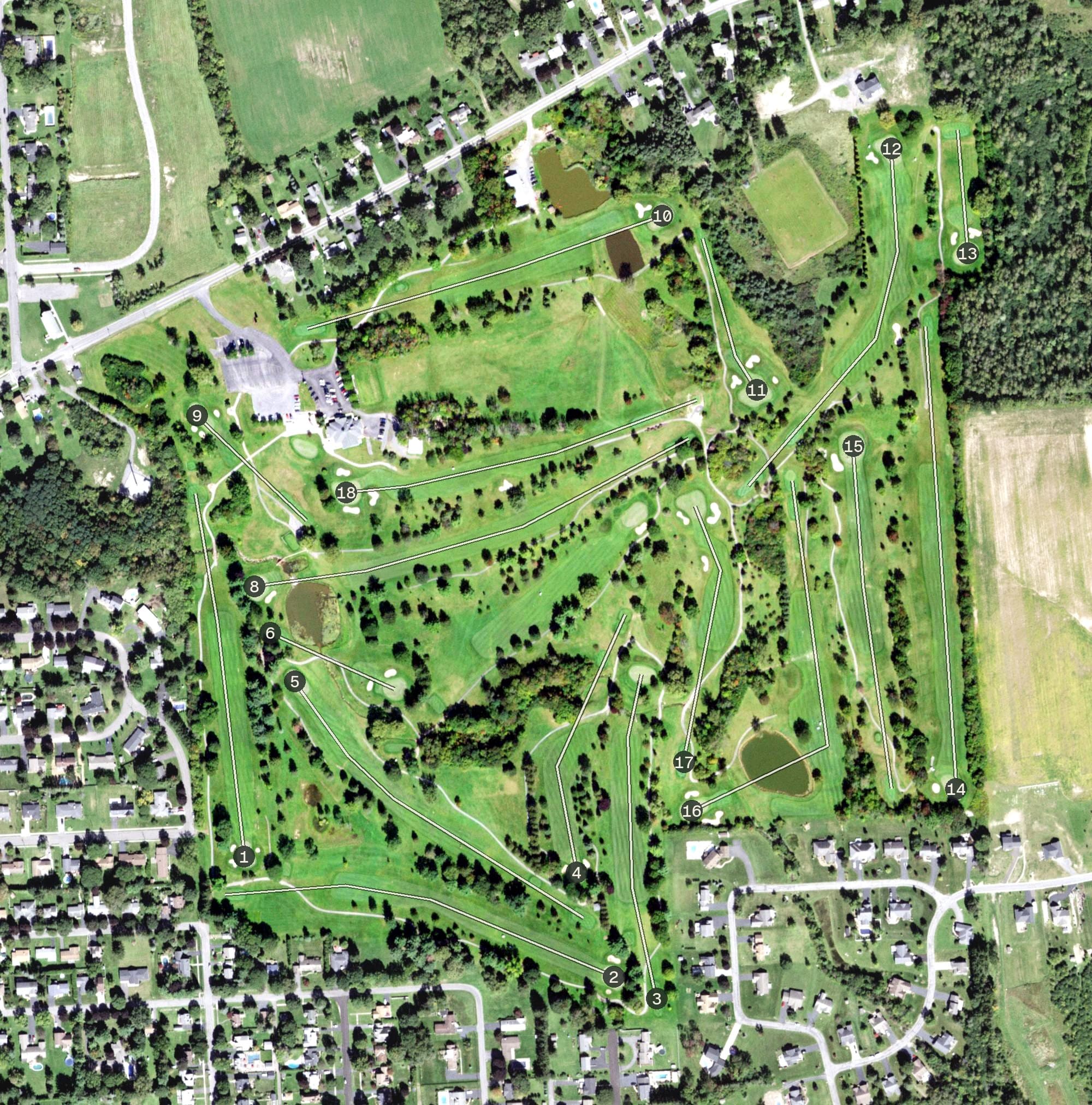 Aerial view of Highland Park Golf Course, NY, with its hole routing marked