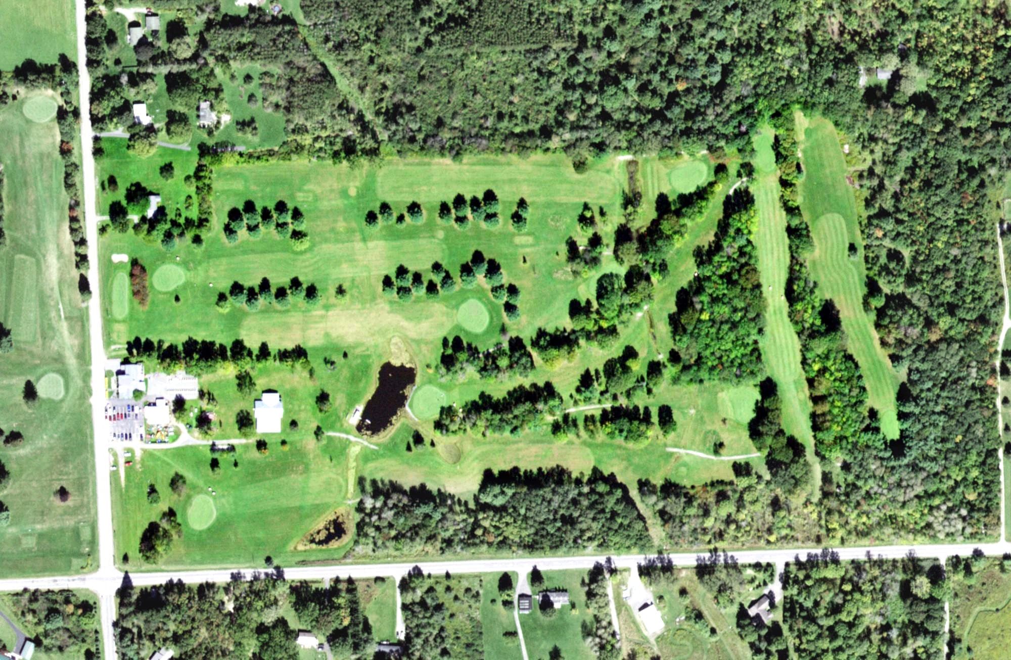 Aerial view of Hillendale Golf Course Back 9, NY, with its hole routing marked