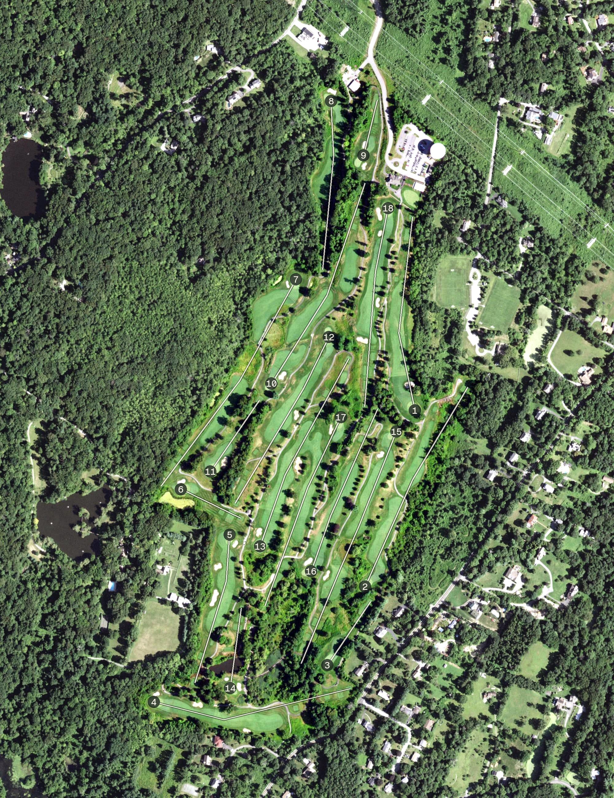 Aerial view of Hudson Hills Golf Course, NY, with its hole routing marked