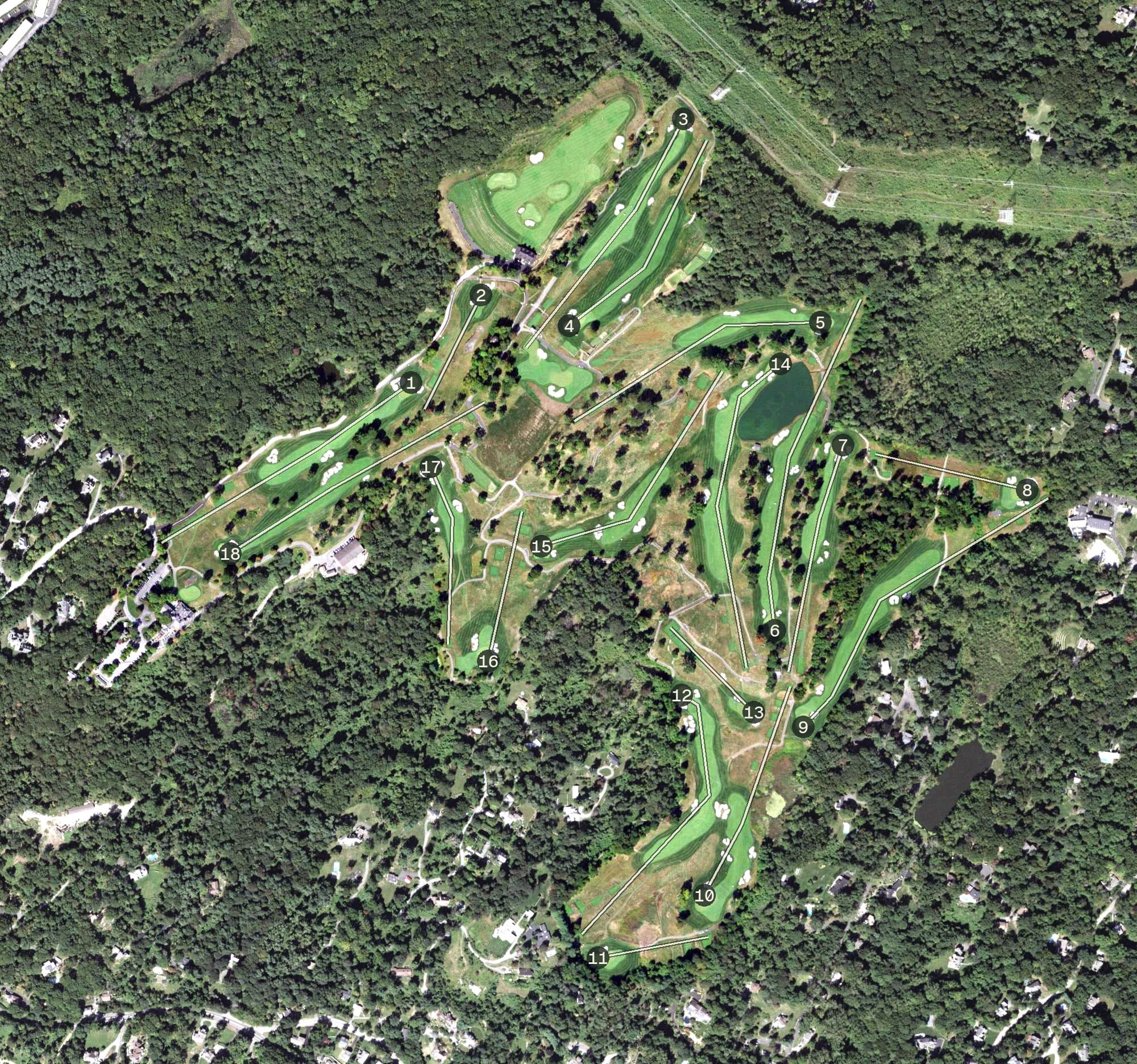 Aerial view of Hudson National Golf Course, NY, with its hole routing marked