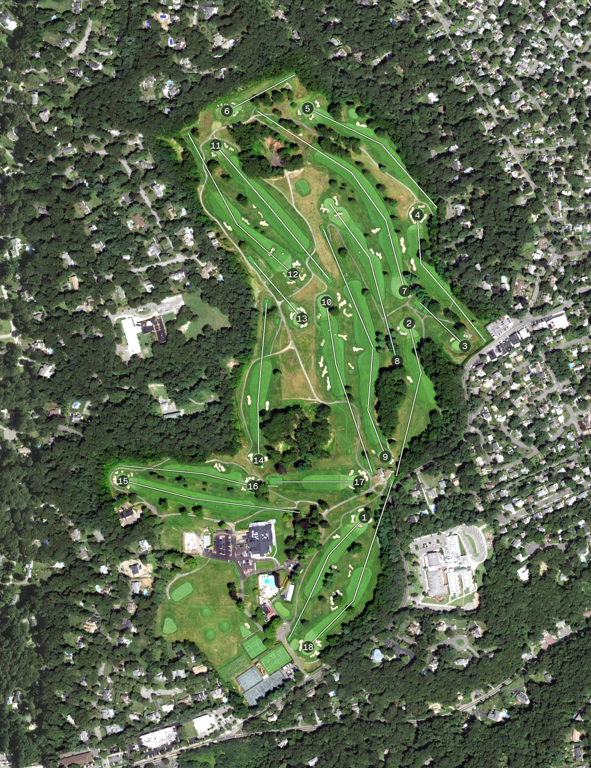 Aerial view of Huntington Crescent Club, NY, with its hole routing marked