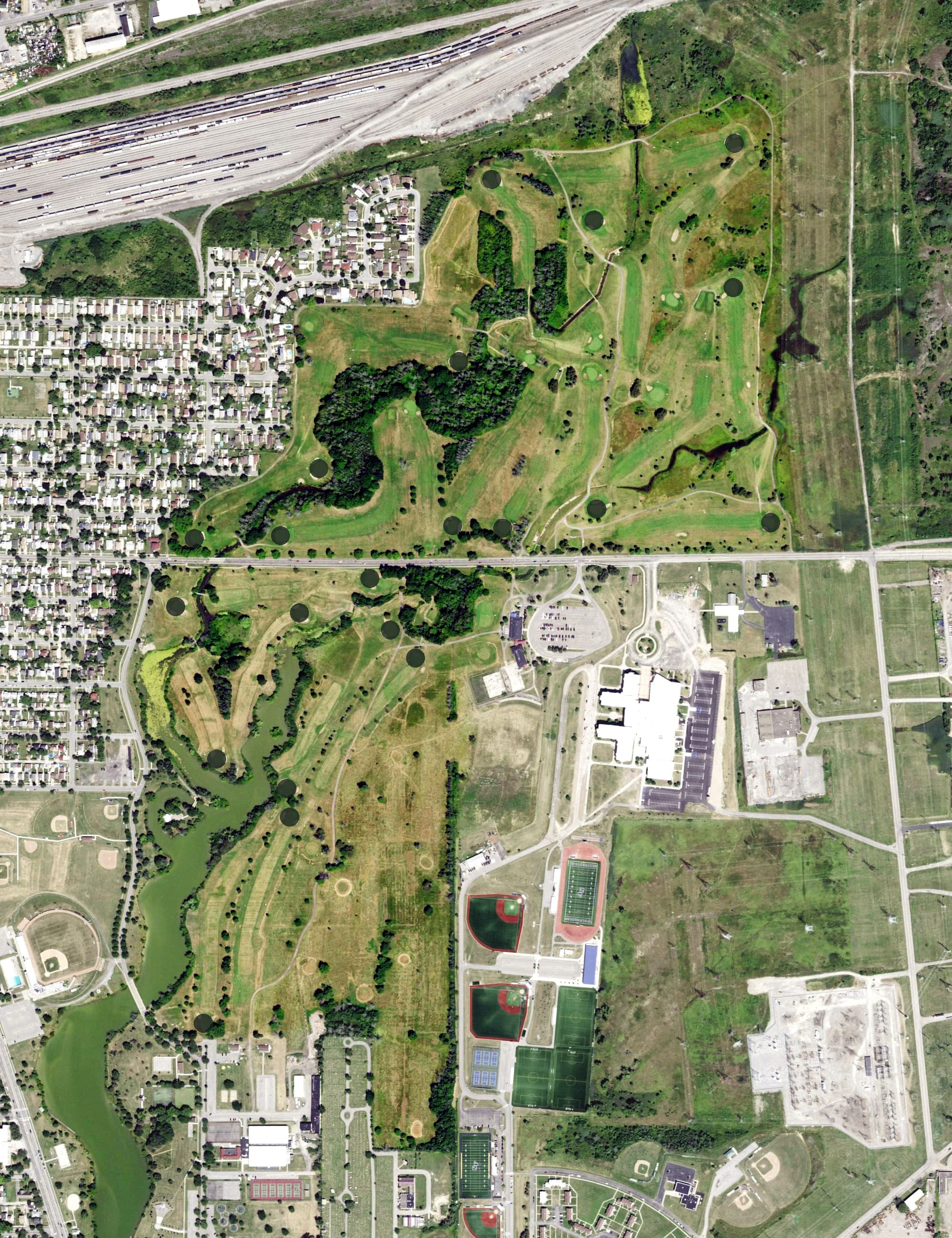 Aerial view of Hyde Park Municipal Golf Course, NY, with its hole routing marked