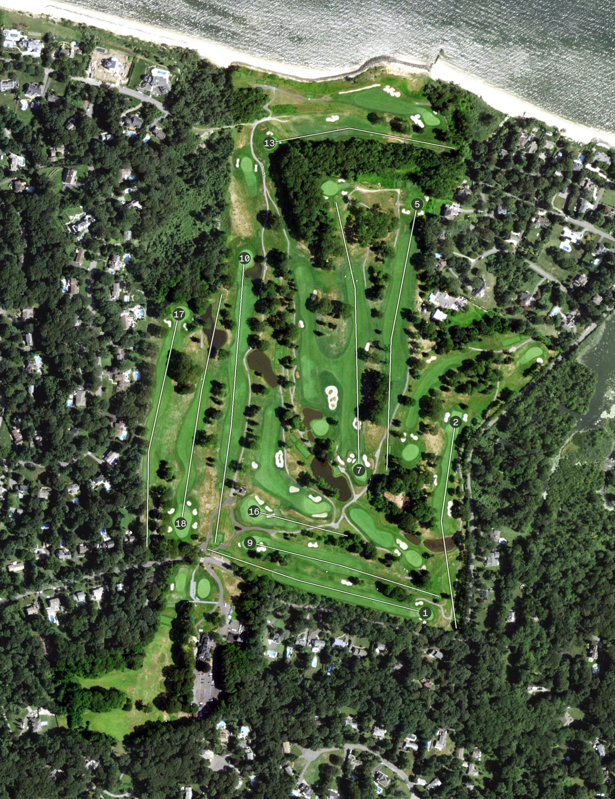 Aerial view of Indian Hills Country Club, NY, with its hole routing marked