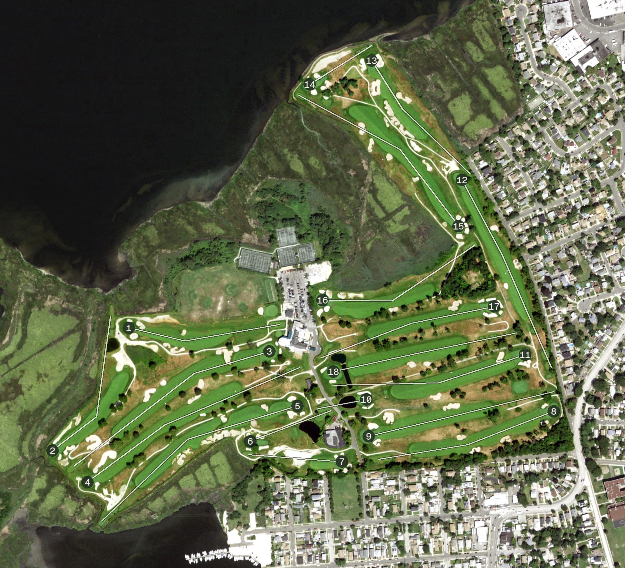 Aerial view of Inwood Country Club, NY, with its hole routing marked