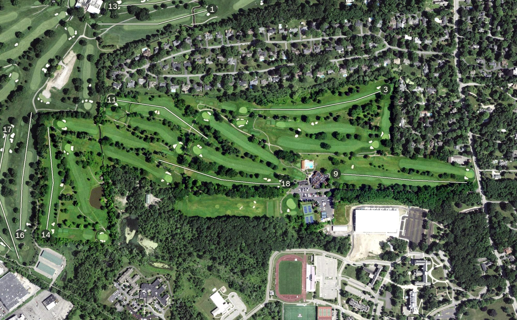 Aerial view of Irondequoit Country Club, NY, with its hole routing marked